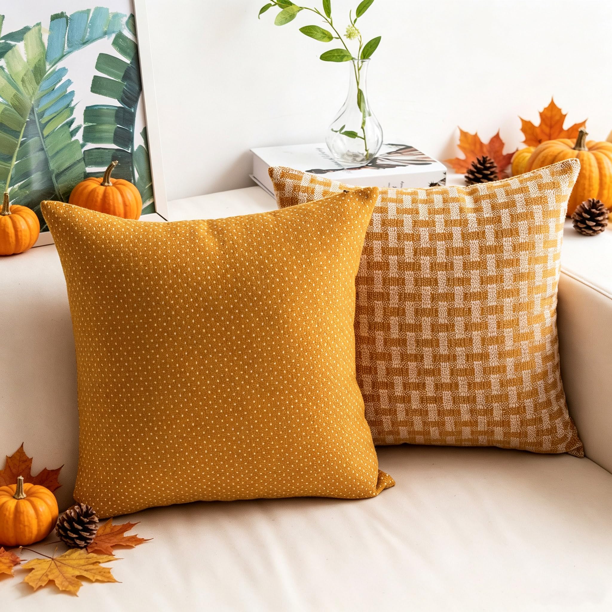 Home Brilliant Gelb Kissenbezug 45x45 cm, Sofakissen Gepunktet und Kariert Kunstleinen Couchkissen Mustard Kissenbezüge für Wohnzimmer Schlafzimmer, 45 x 45cm, Weiß/Senf Küche, Haushalt & Wohnen