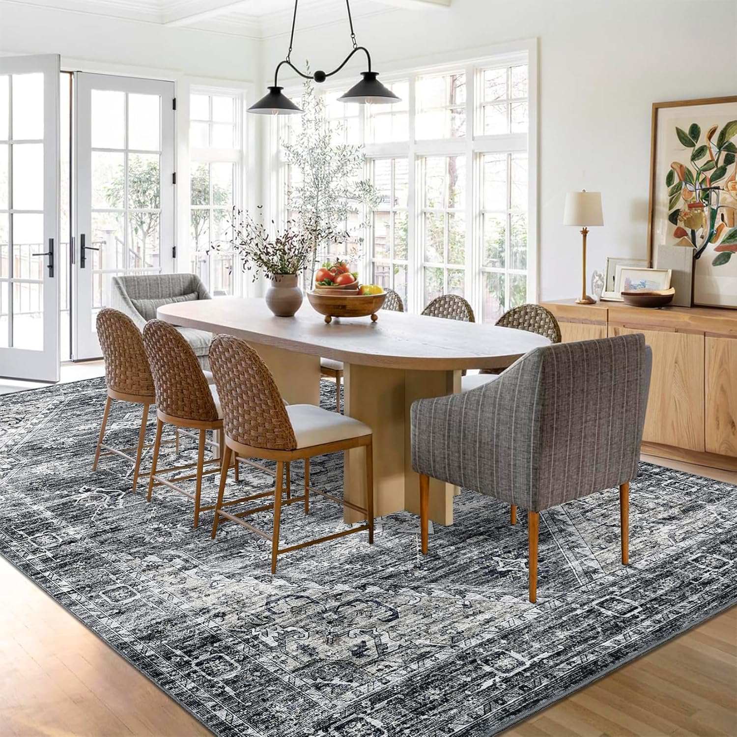 GarveeHome Washable Area Rug 9x12 - Vintage Floral Bedroom Living Room Large Indoor Rugs Soft Oriental Ultra Thin Foldable Carpet Mat Non Slip Dining Room Rugs for Farmhouse Office Home, Dark Grey