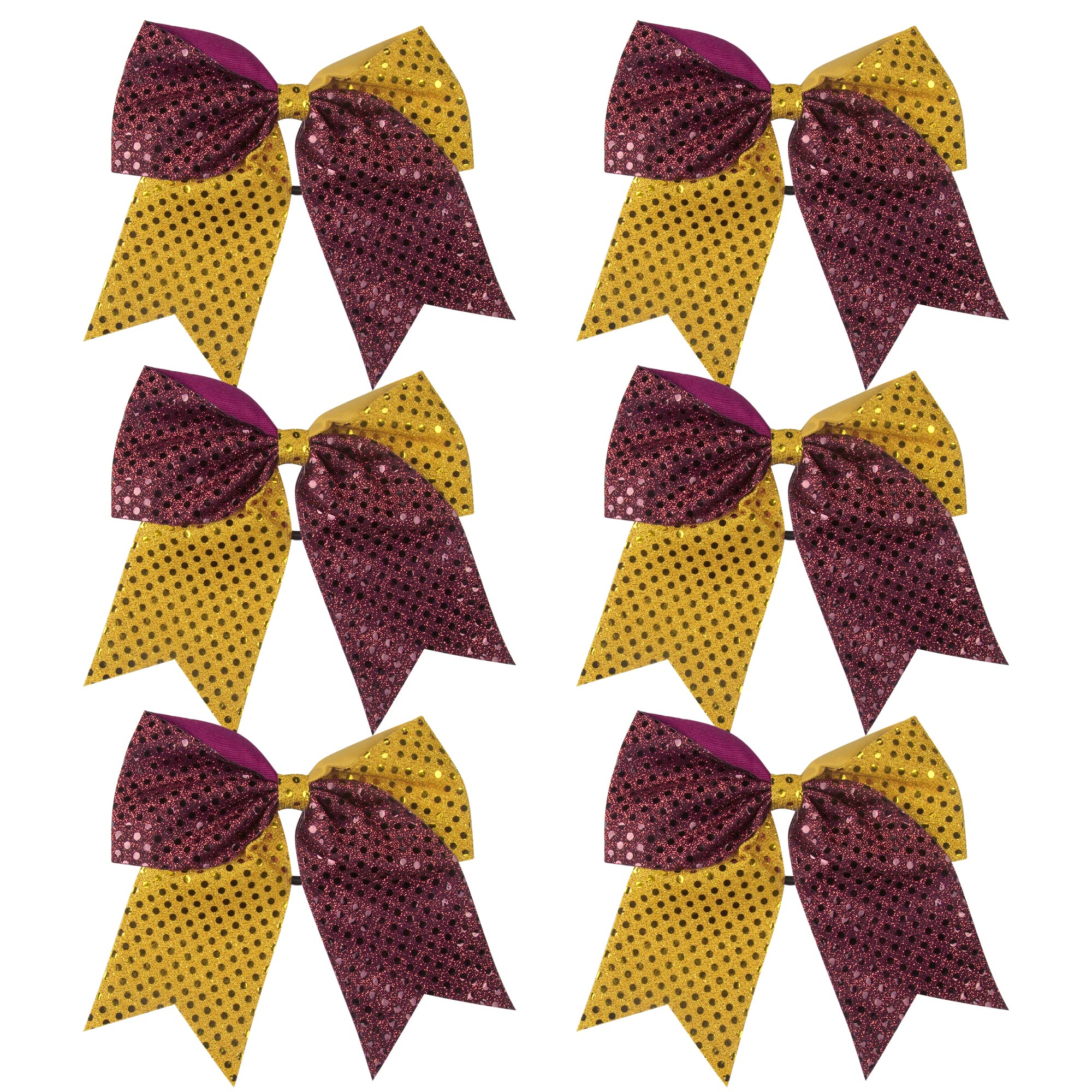 8 Inch 2 Color Cheer Bows Cheerleader Ponytail Holder with Bling Fling Sequin Hair Tie Cheerleading Bows 6 Pcs (Maroon/Gold)