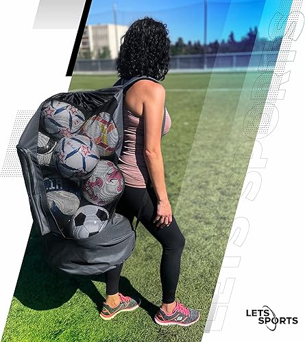 Miniatura 2 de LETS Sports Bolsa de pelota con correas para el hombro, bolsa de transporte de malla grande resistente con cordón para entrenadores, para sostener