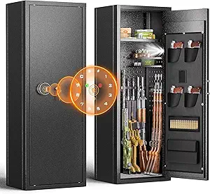 10-12 Rifle Safe, Biometric Gun Safes for Home Rifles and Pistols, Large Gun Safe Rifle with Adjustable Gun Rack(with/without Scope), Gun Cabinet with 4 Handgun Pouches, Easy Assemble