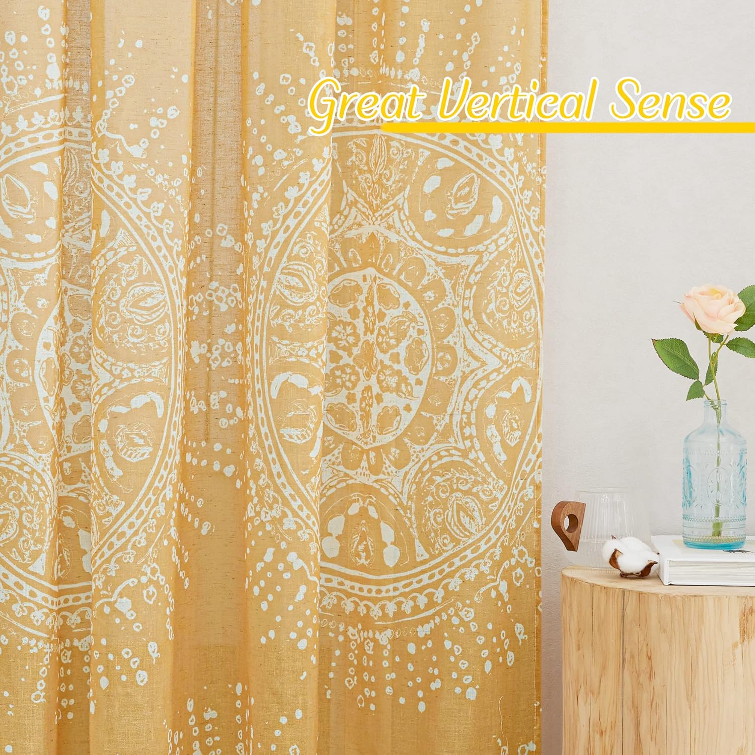NICETOWN Boho Linen Curtains 95 inches Long, Rod Pocket Privacy Semi Sheer Eclectic Bohemian Drapes Chic Medallion Pattern with Light Filter for Bedroom/Living Room, W52 x L95, Yellow, 2 PCs