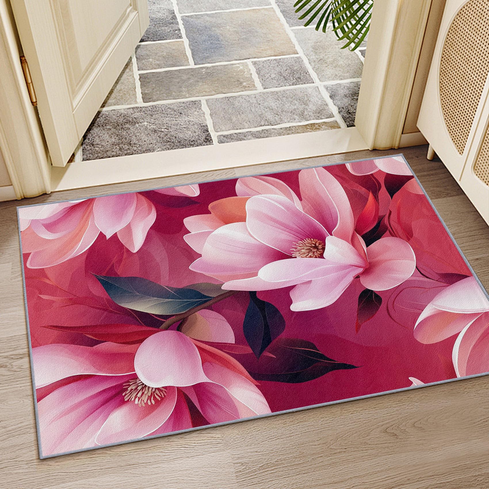 Blumen Teppich Wohnzimmer 200x300 cm,Rosa Magnolie Geblümt Teppiche Waschbar Für Schlafzimmer,Blüten Mädchen Waschbar rutschfest Weich Groß Esszimmer, Rosa Rot Dunkelgrün