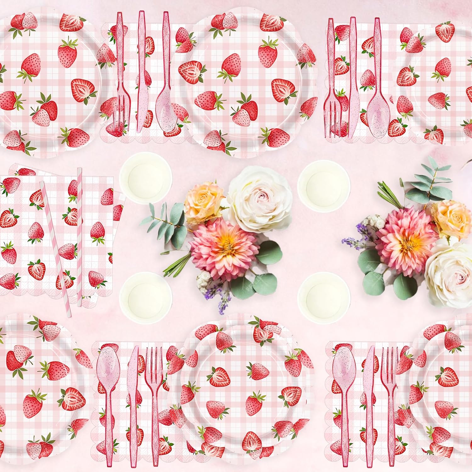 192pcs Strawberry Birthday Party Decorations Plates Napkins Disposable Paper Cups Straws Strawberry Tableware Set Party Supplies for Girls Kids Birthday Decor Serve 24 Guests - Image 5