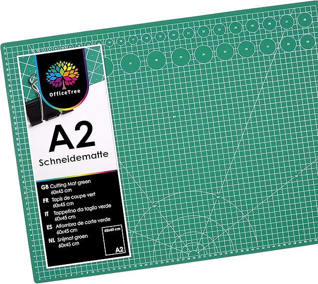 OfficeTree Mata do cięcia A2 samoregenerująca się  zielona  mata do cięcia 60 x 45 cm, samoregenerująca się mata do cięcia z dwustronnymi rastrami i oznaczeniami do profesjonalnych cięć