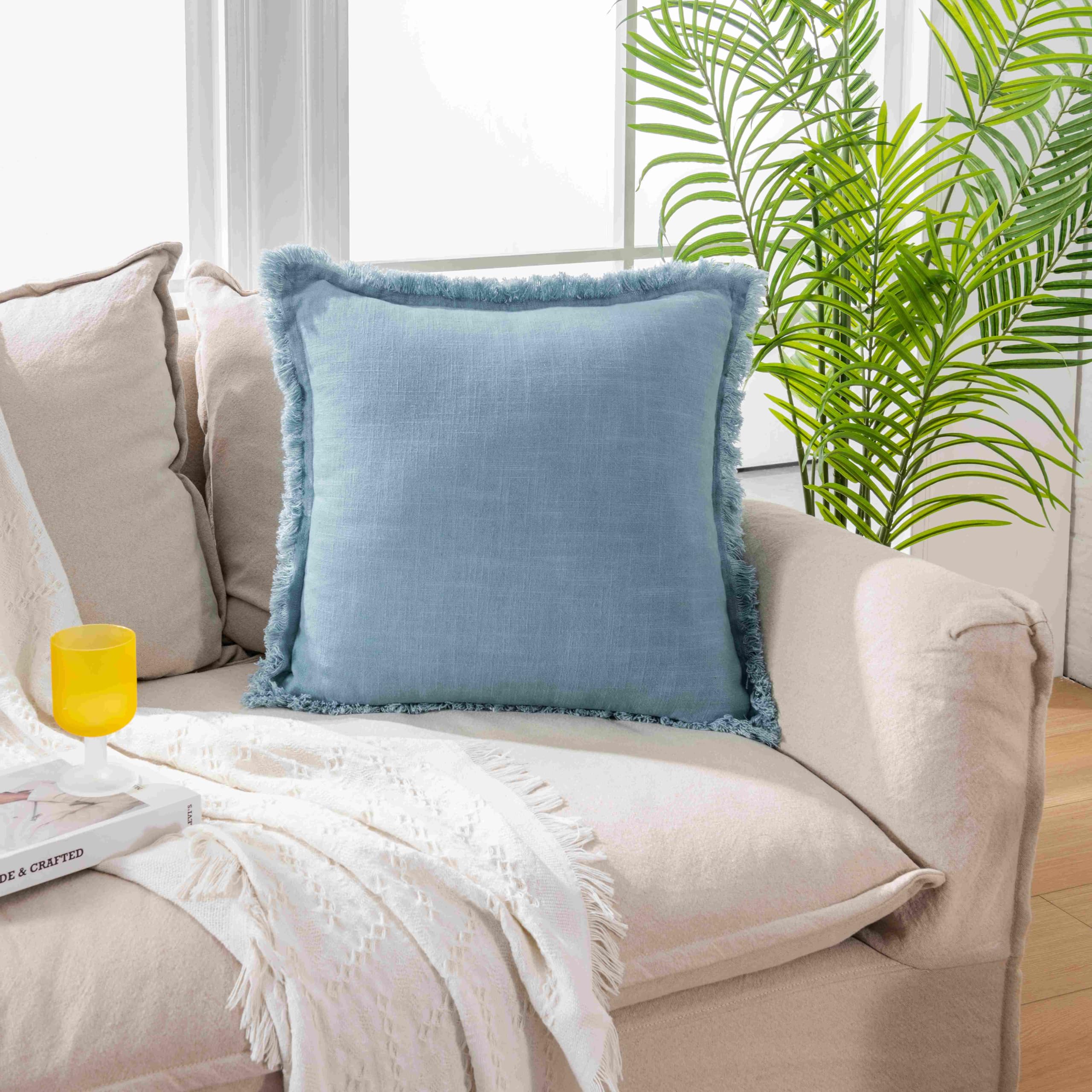 ATLINIA Decor Throw Pillow Cover - 20x20 Inch Linen Pillow Cover Decorative Farmhouse Boho Fringe Cushion Cover for Couch Sofa Bed Outdoor Teal