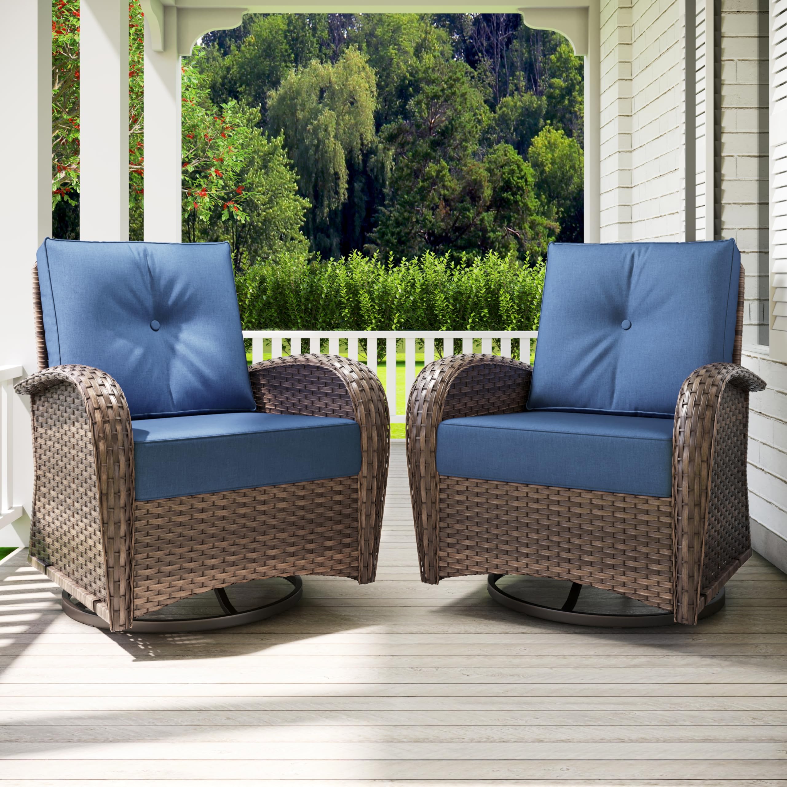 PHI VILLA Outdoor High Back Swivel Rocker Patio Chairs, Patio Rockers Set of 2, Wicker Rocking Chairs for Outdoors (Navy Blue/Brown)