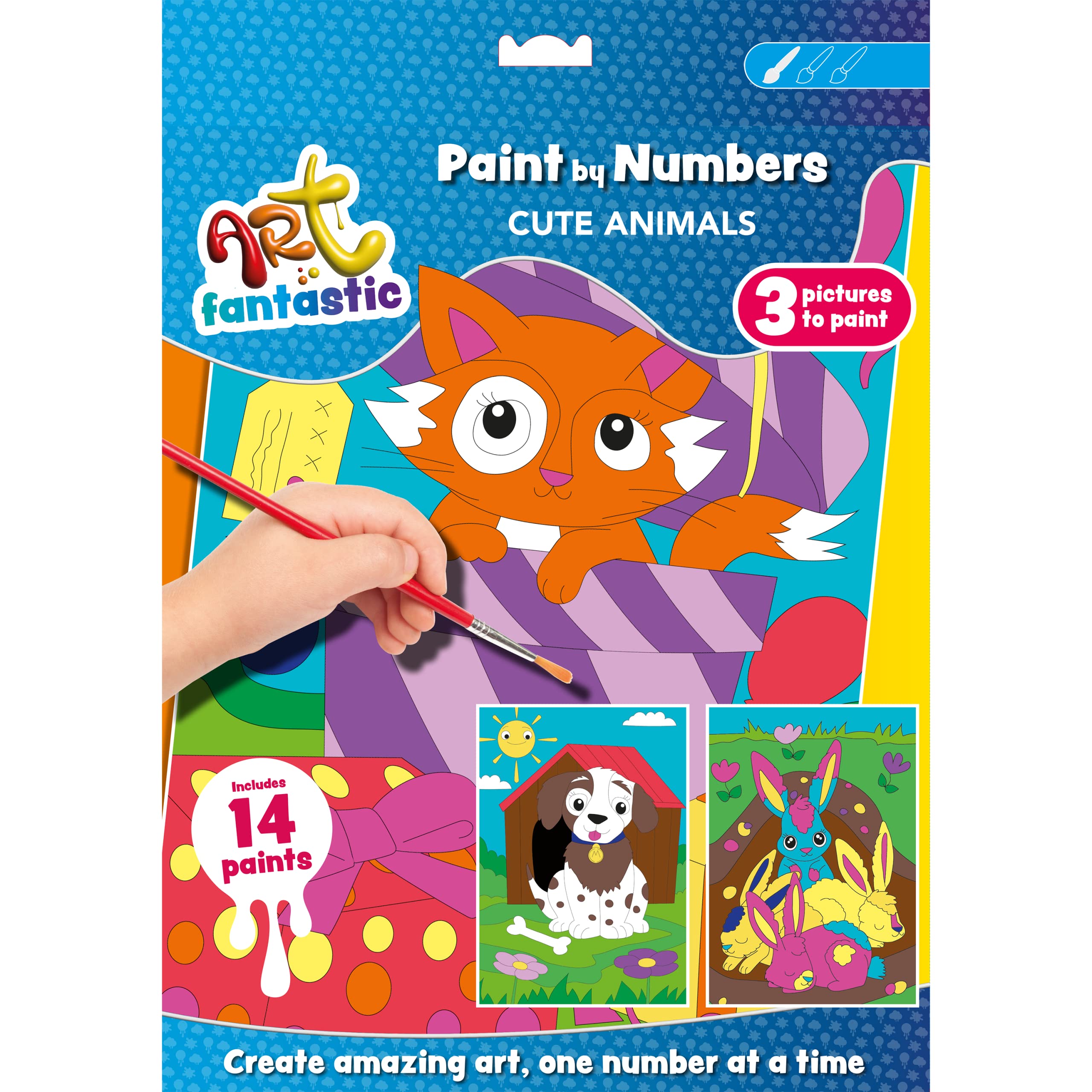 Art Fantastic Cute Animals Triple Set - Paint by Numbers for Children - Painting by Numbers Activity Set for Kids Age 6-14 - Arts & Crafts Gifts - 3 Pictures & 14 Paints