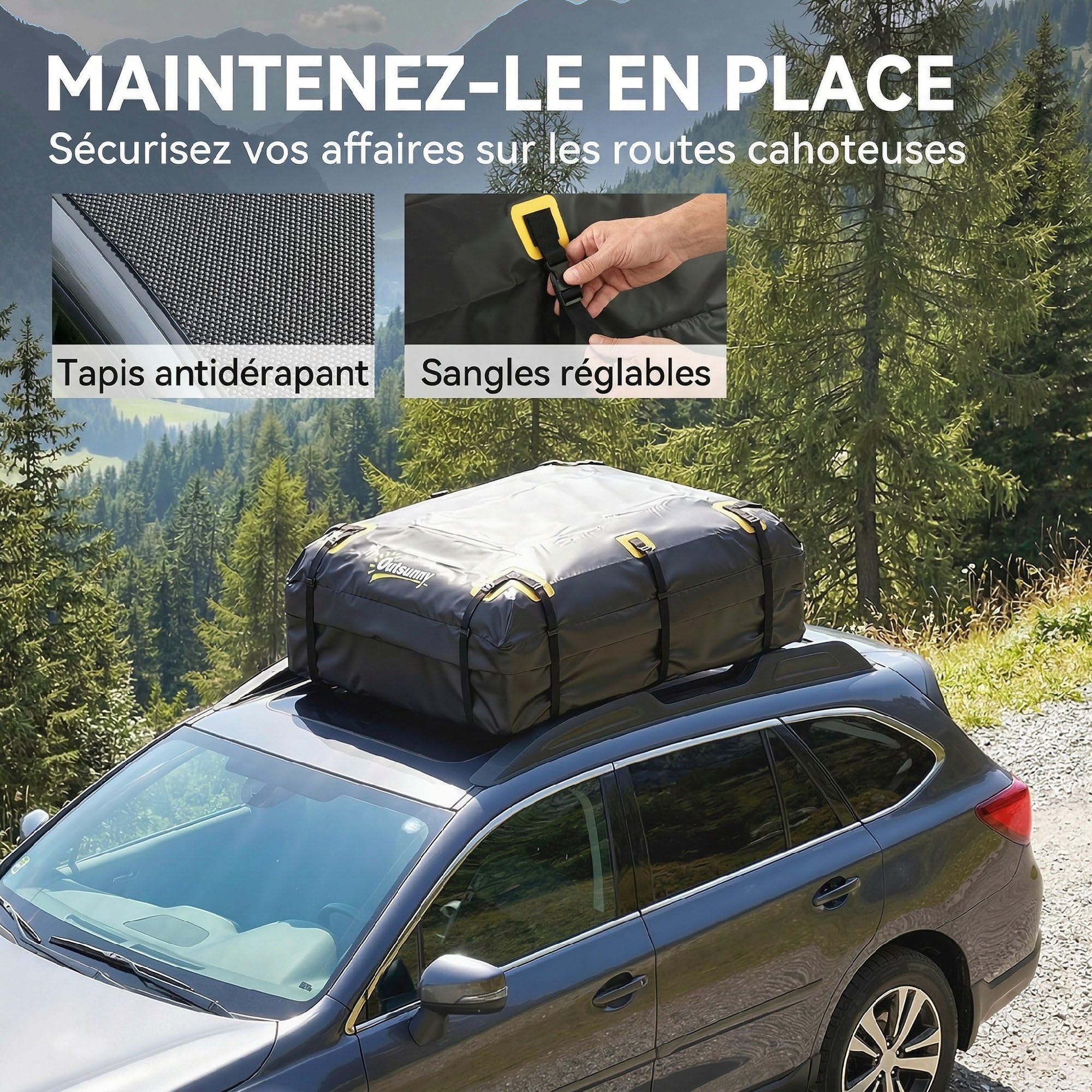 Outsunny Sac de Toit Voiture Étanche 21 Pieds Cubes Coffre de Toit Souple Universel - Grand Sac de Voyage avec 10 Sangles et Cadenas - Porte-Bagages de Toit pour Auto SUV et Camping en Famille, Noir