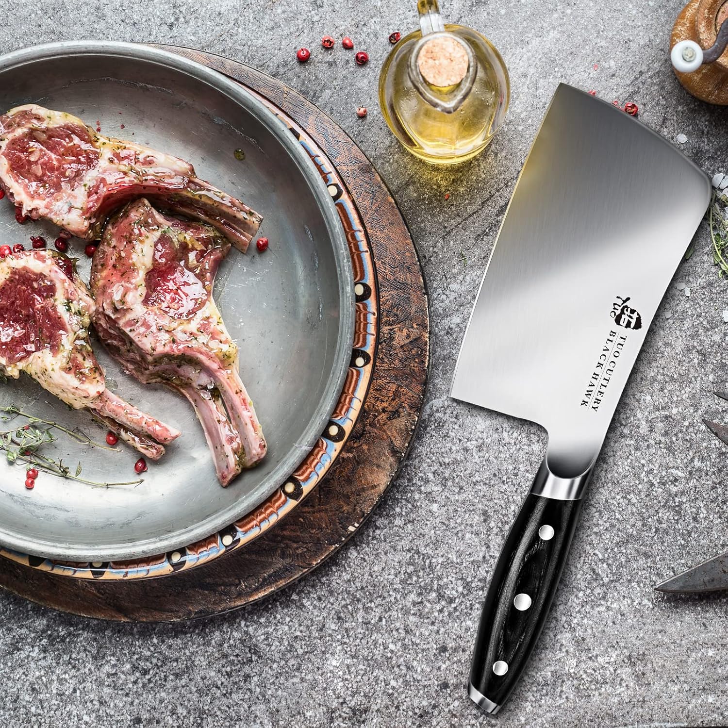 TUO Meat Cleaver, 6 Inch Heavy Duty Chopper Knife for Butcher & Kitchen, High Carbon German Steel, Full Tang Handle, Gift Box - Black Hawk Series