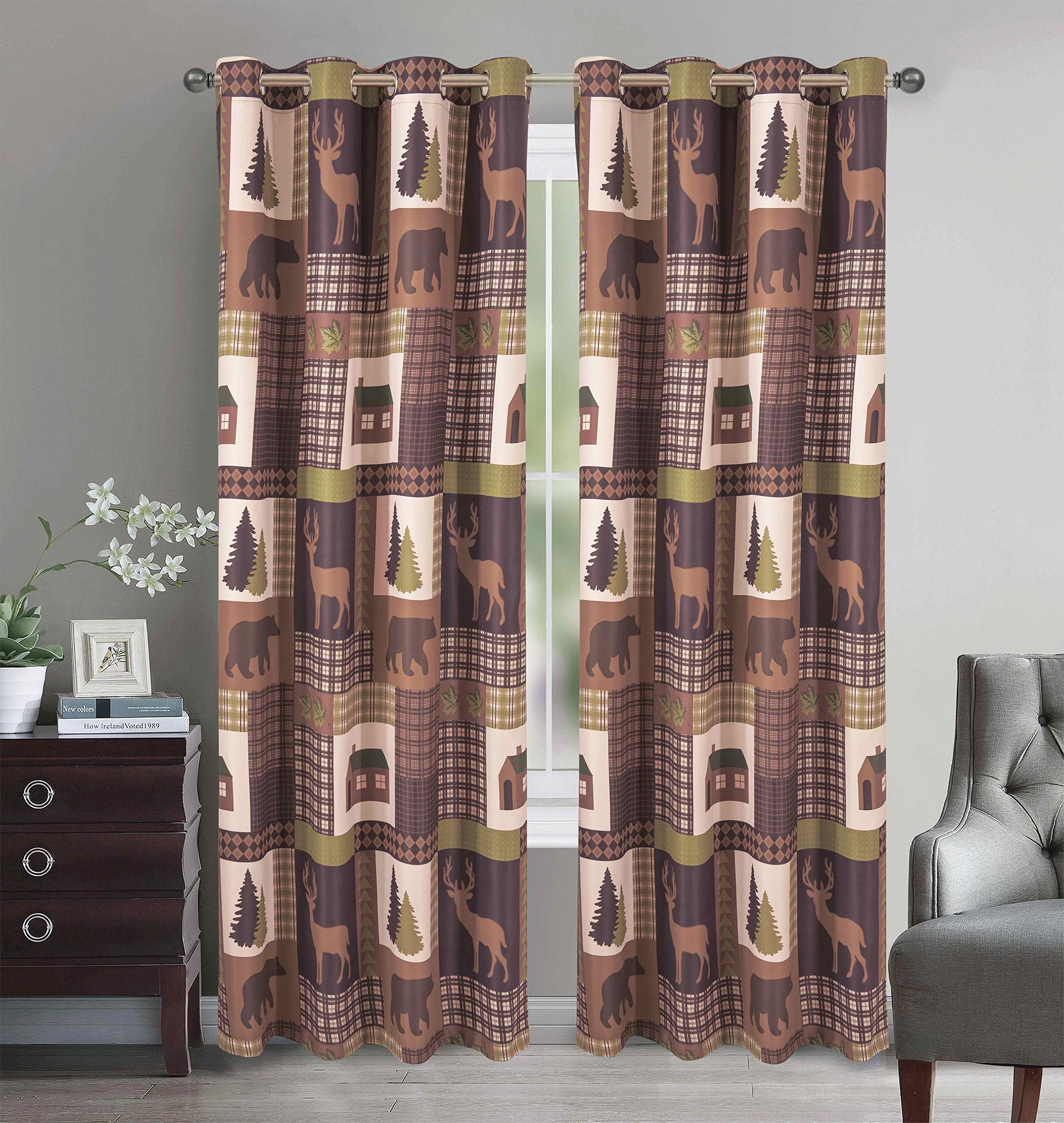 Rustic Modern Farmhouse Cabin Lodge Window Thermal Grommet Curtain Set with Patchwork of Western Wildlife Grizzly Bears Deer and Check Plaid in Brown â€“ Curtain Set (Alpine Trail, Thermal)