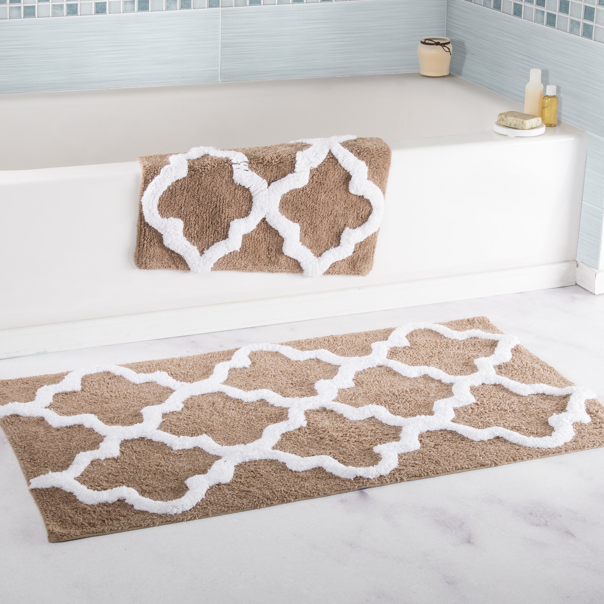 Lavish Home 2 Piece Bathroom Rug Set - 41x24.5 Inch and 34x21 Inch 100% Cotton Bath Mats with Textured Trellis Print for Elegant Bathroom Decor - Bath Rugs Non Slip Washable Bathmats (Taupe)