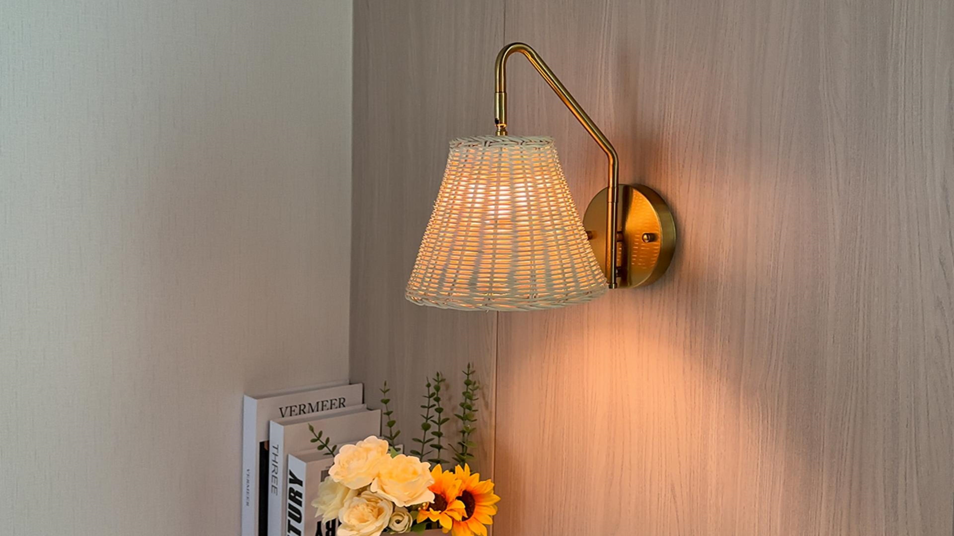 Image of Boho Battery Operated Wall Sconce, 100% Natural Rattan Wall Sconces Set of Two Battery Operated, Adjustable Battery Wall Sconce, Remote Rechargeable Sconce, Wirless Battery Sconces for Bedroom