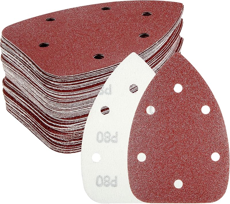 60PCS Triangular Sander Sandpaper, HYCHIKA Detail Sander Sandpaper Assorted 60/80/100/120/180/240 Grits with 6 Holes for Wood Sanding, Fit 3.92inch Qscillating Multi Tool Sander Machine