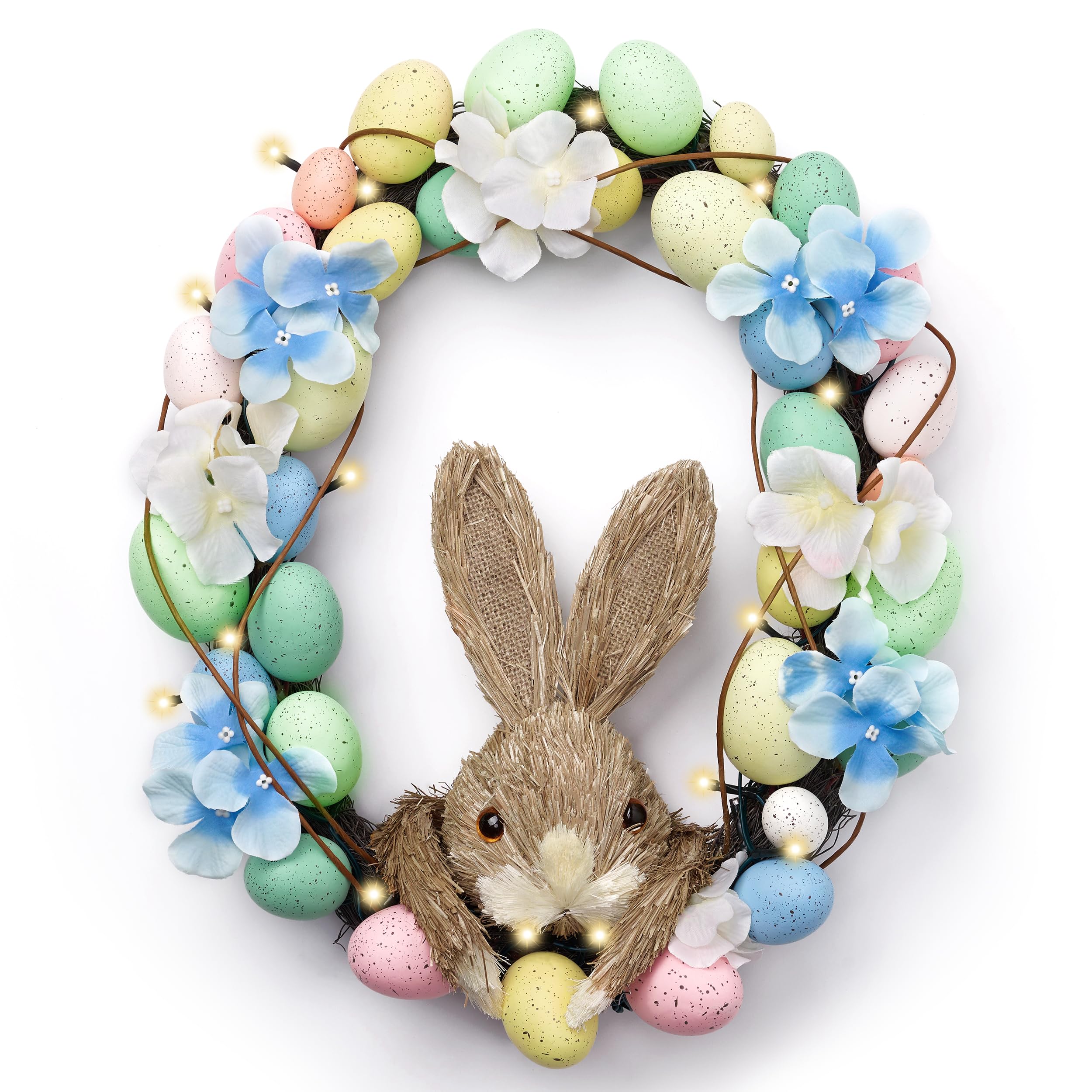 Valery Madelyn Pre-Lit Bunny Easter Wreaths for Front Door with Lights, 17 Inch Artificial Pastel Easter Eggs Rabbit Flower Wreath for Spring Rustic Farmhouse Wall Window Home Porch Indoor Decor