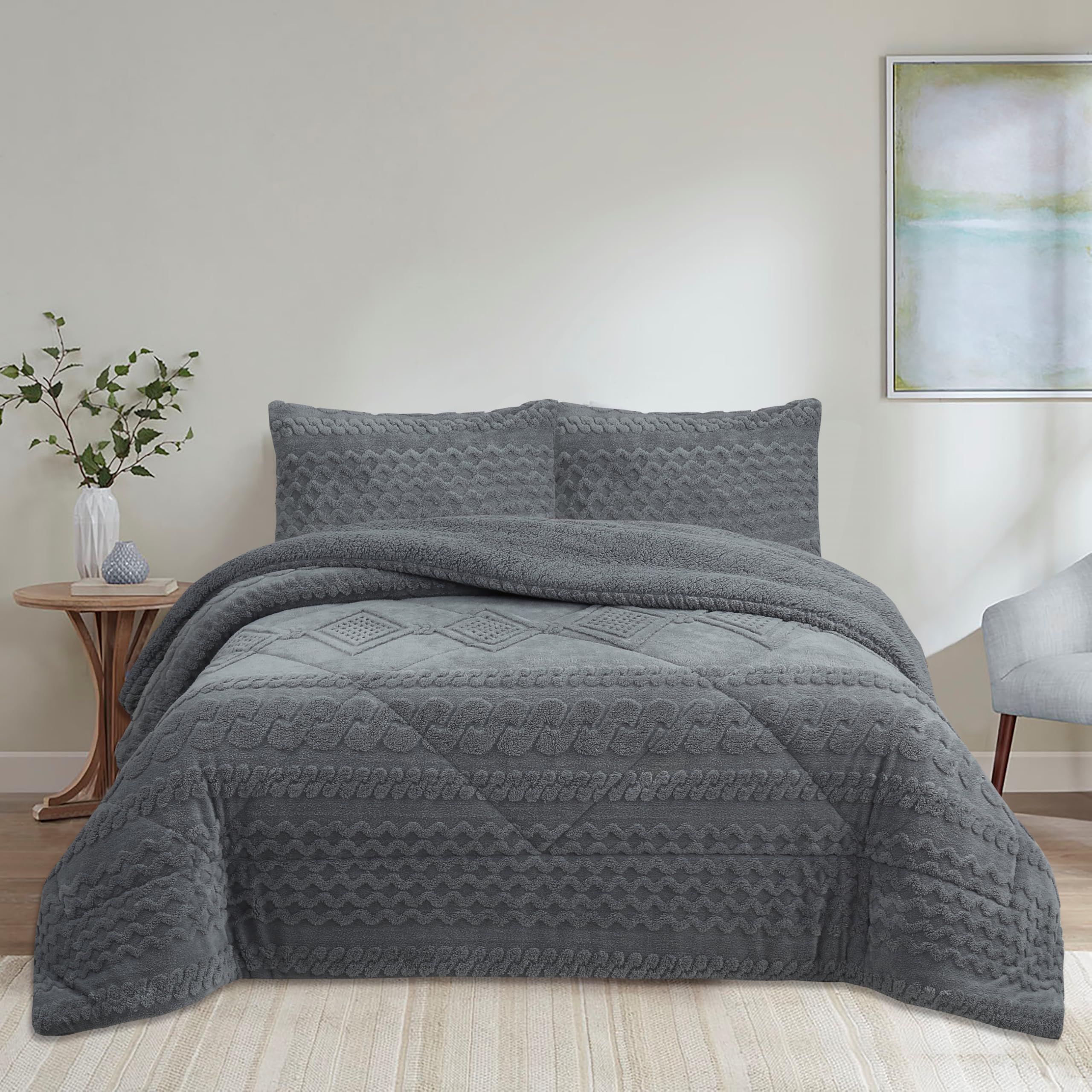 NH NOVOTEXTIL HOGAR Edredón Invierno Sherpa Cama 150 (250x260) Extra Grueso 560gr/m2 Efecto Borreguito - Edredón Suave, Cálido y Transpirable con 2 Fundas Almohada (50x70) (Jarkov Gris)
