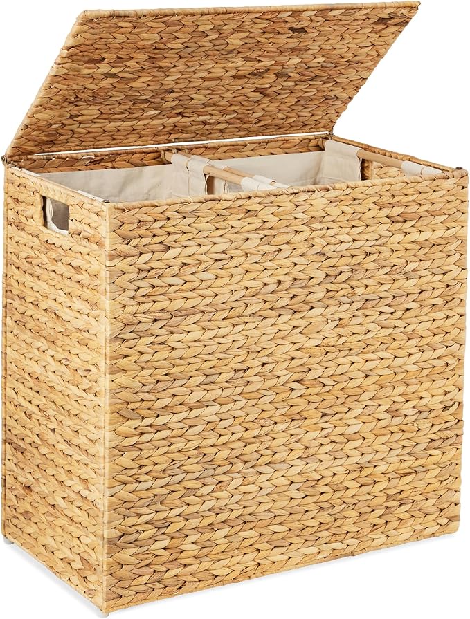 Best Choice Products Large Double Laundry Hamper with Lid, Natural Handwoven Water Hyacinth, 2 Sections w/ 2 Machine Washable Linen Liner Bags, Portable, Handles - Natural