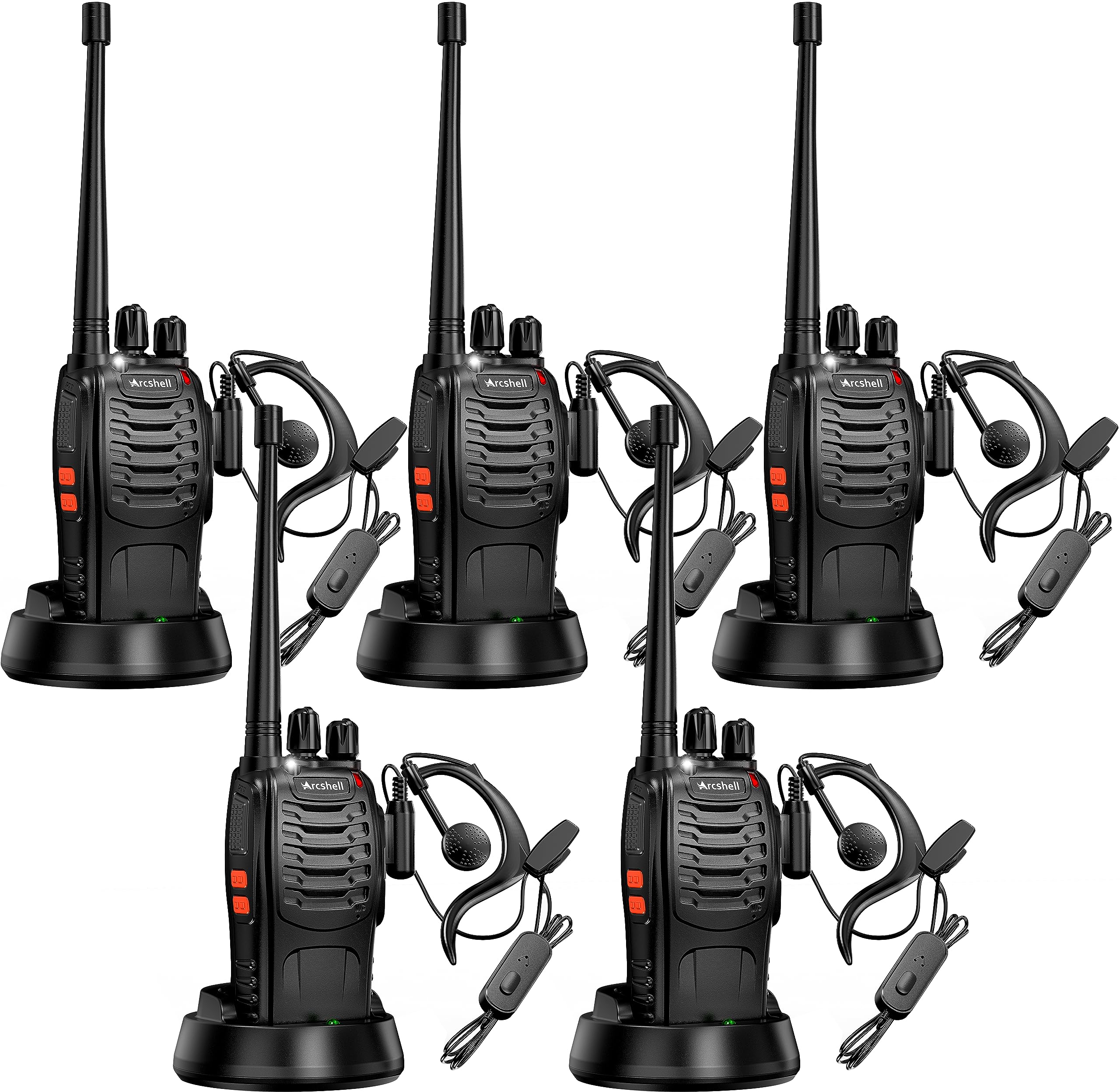 Arcshell Rechargeable Long Range Two-Way Radios with Earpiece 5 Pack Arcshell AR-5 Walkie Talkies Li-ion Battery and Charger Included (5 Pack)