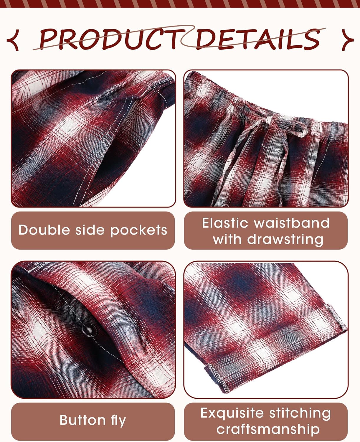 Men's Flannel Pajama Pants Cotton Plaid Sleepwear Soft Lightweight Sleep Lounge Pj Bottoms with Pocket Drawstring - Image 2