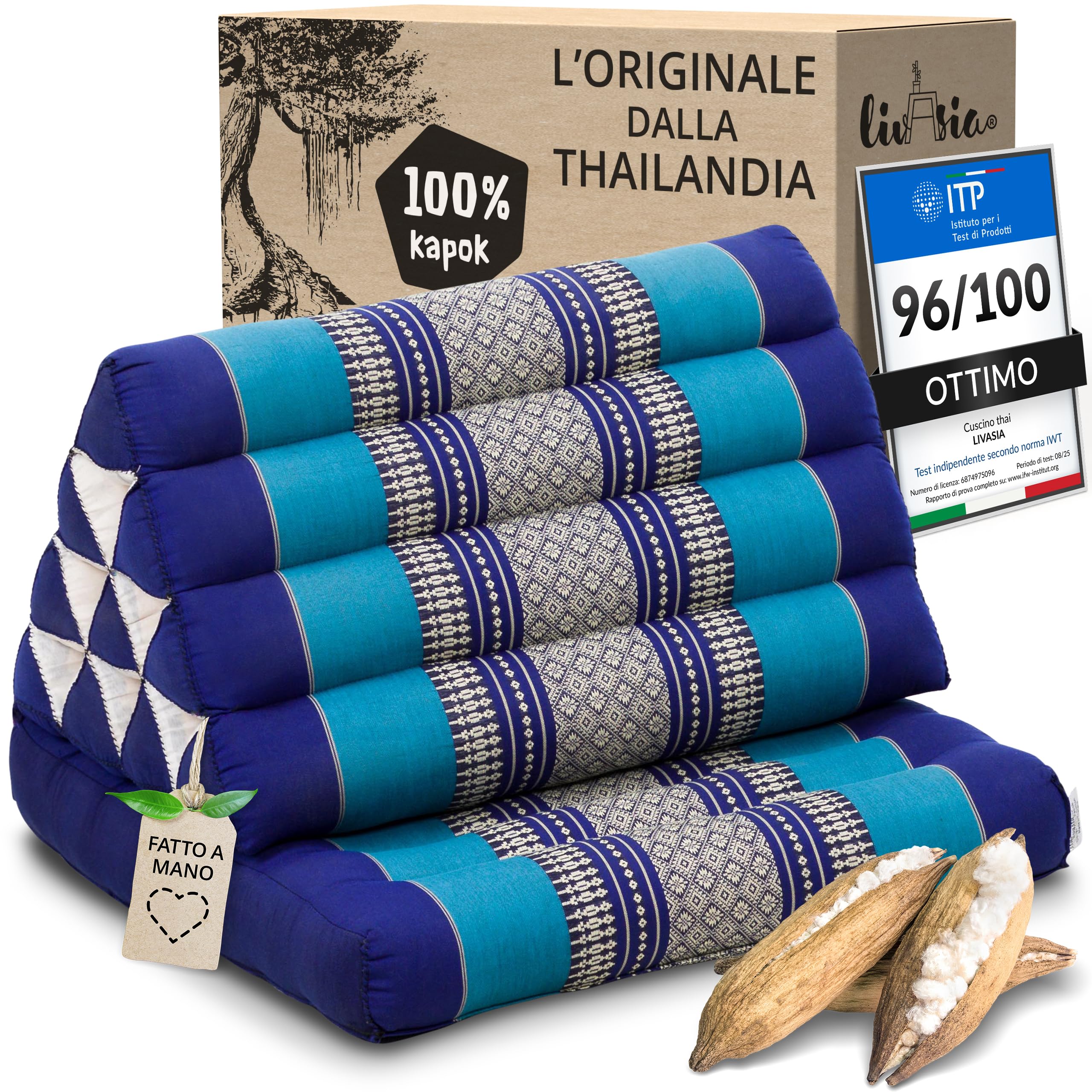 livasia cuscino thai 1 segmento - 75x50x8cm - cuscino triangolare per sedersi, cuneo kapok, supporto lombare pieghevole, materassino thai, fatto a mano (Blu)