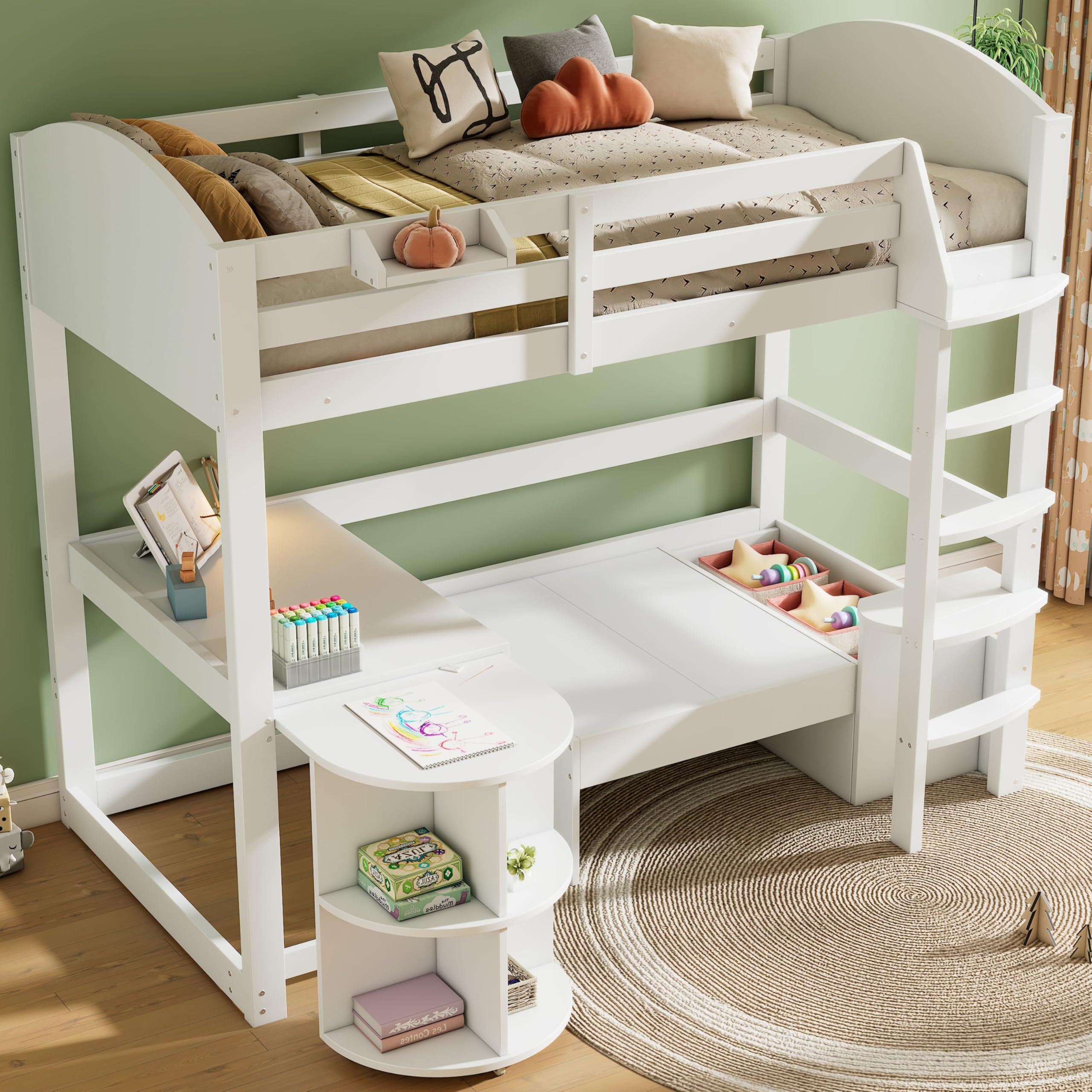 Multifunktionales Kinderbett 90x200cm, Etagenbett Hochbett mit ausziehbarem Tisch, Sofa mit Stauraum, Sitzkissen, Kissen und Lagerregale, Stockbett Kinderhochbett Jugendhochbett, Ohne Matratze, Weiß