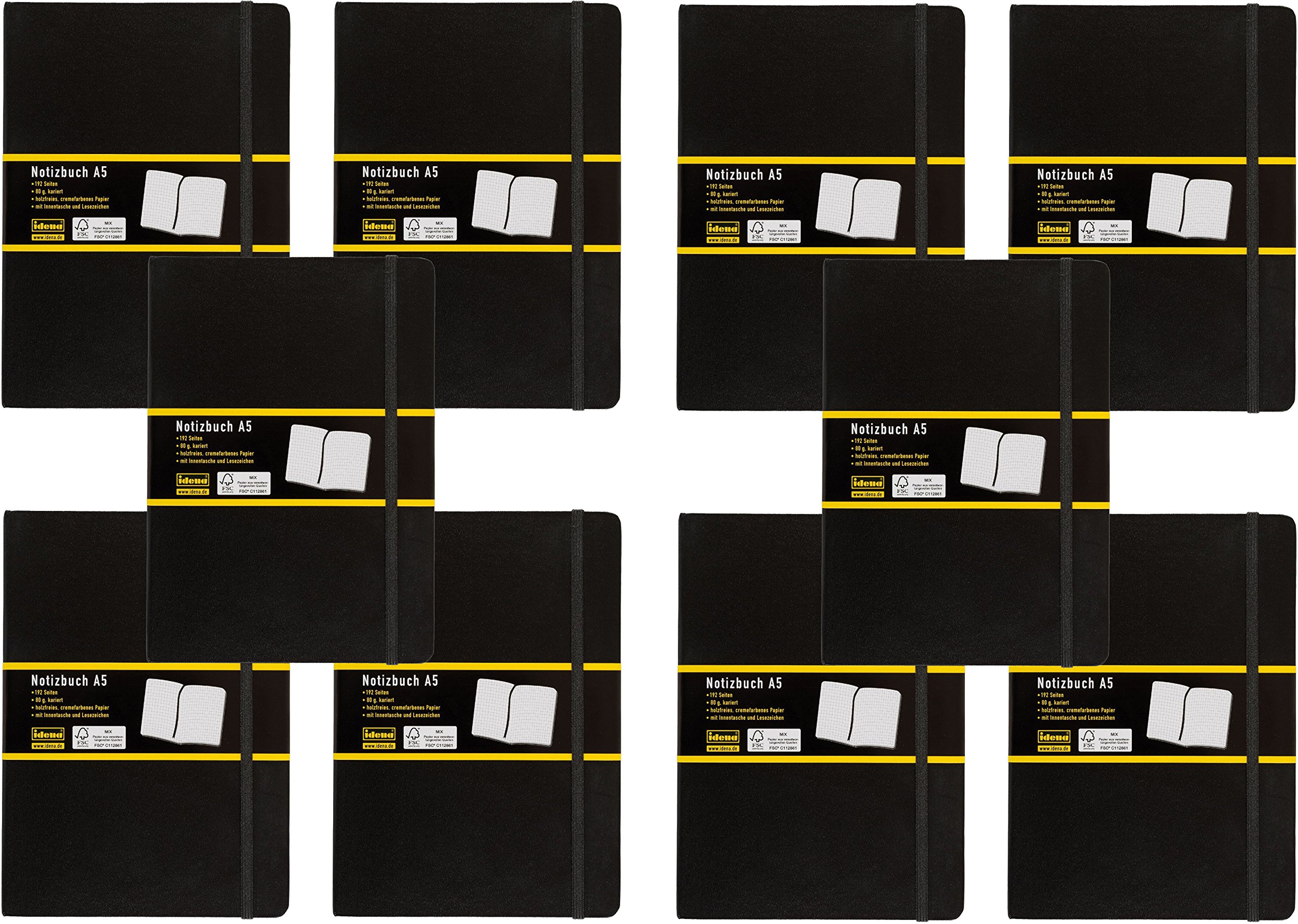 Idena 209281 - Notizbuch DIN A5, 192 Seiten, 80 g/m², kariert, schwarz (10er Pack)