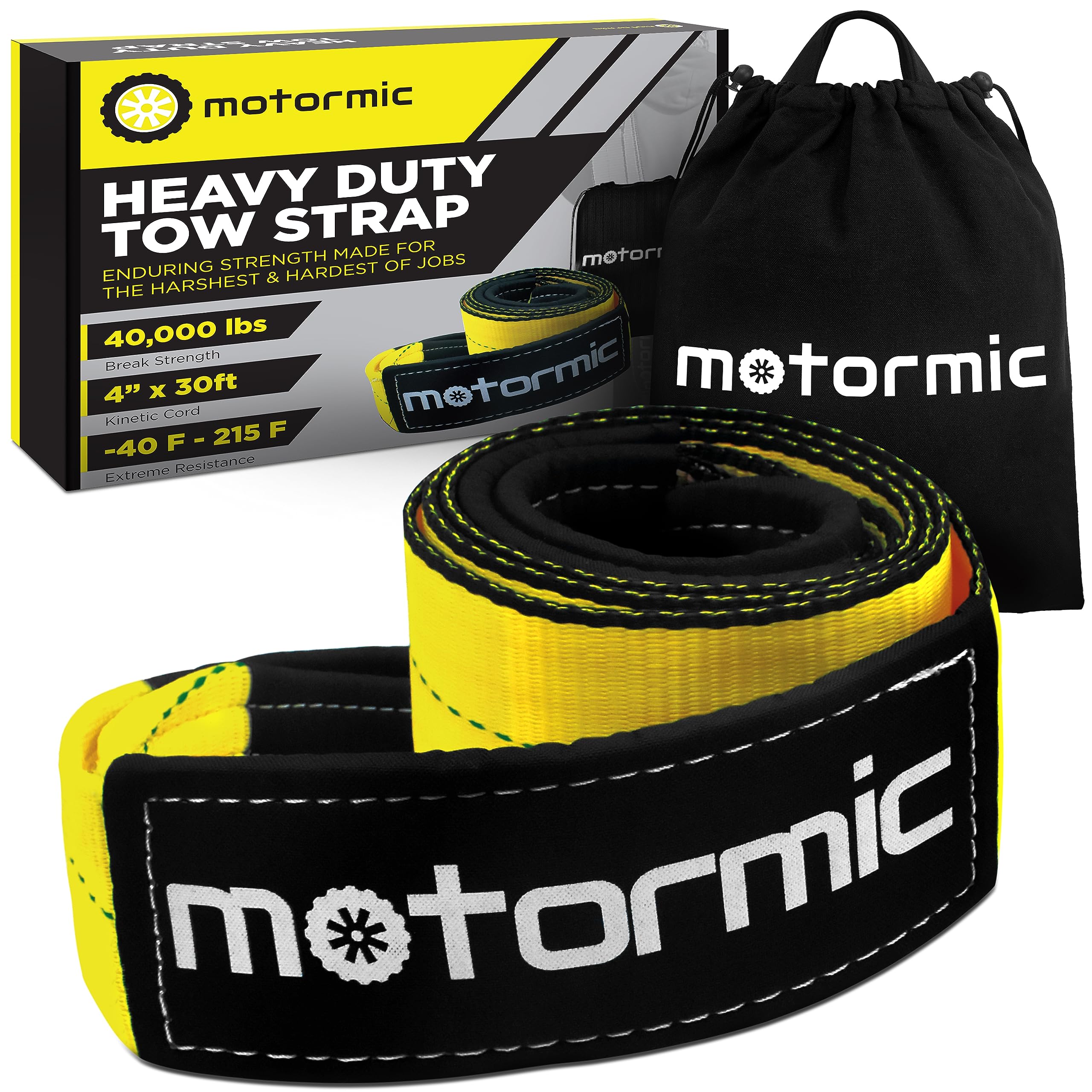 motormic Recovery Tow Strap 4" x 30ft - Lab Tested 30,000 lb Break Strength - Triple Reinforced Loop Straps - Emergency Off Road Towing Rope
