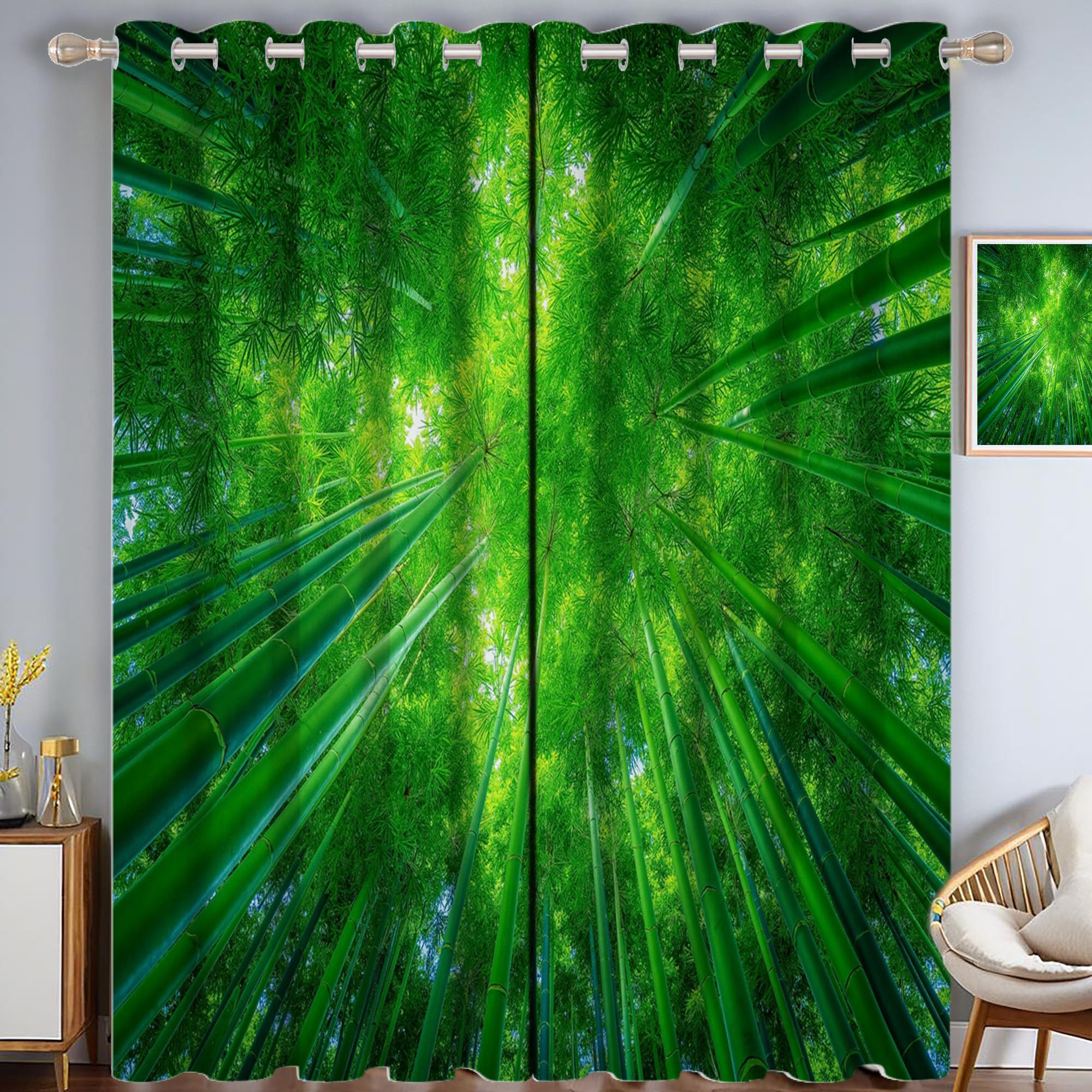 Rideaux occultants 3D vert bambou pour créer un coin de nature apaisant dans la chambre