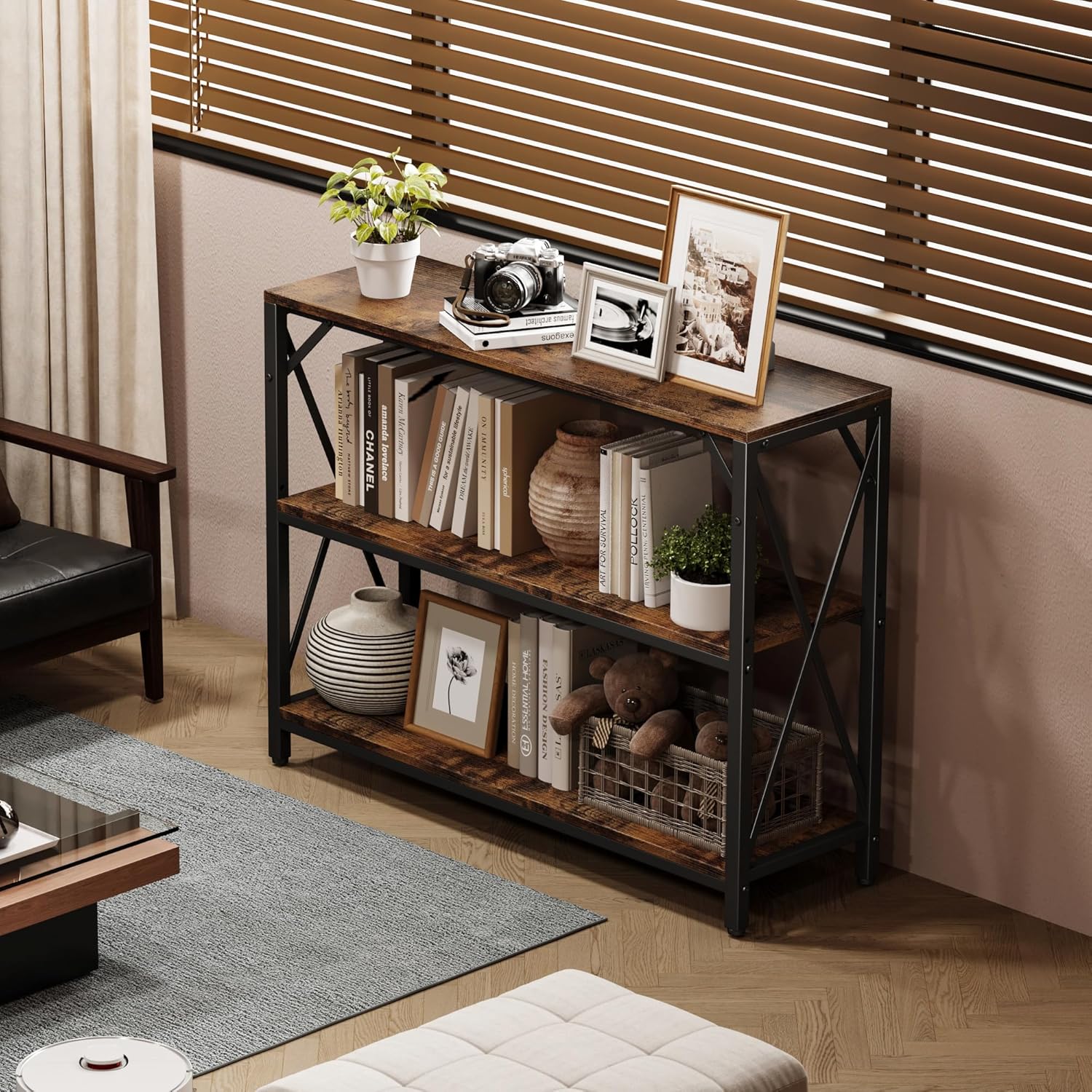 Homeiju Entry Table 40" Width, 3-Tier Entryway Table with Storage, Industrial Sofa Table with Open Shelves, Foyer Tables for Entryway, Hallway, Kitchen, Living Room and Bedroom, Rustic Brown