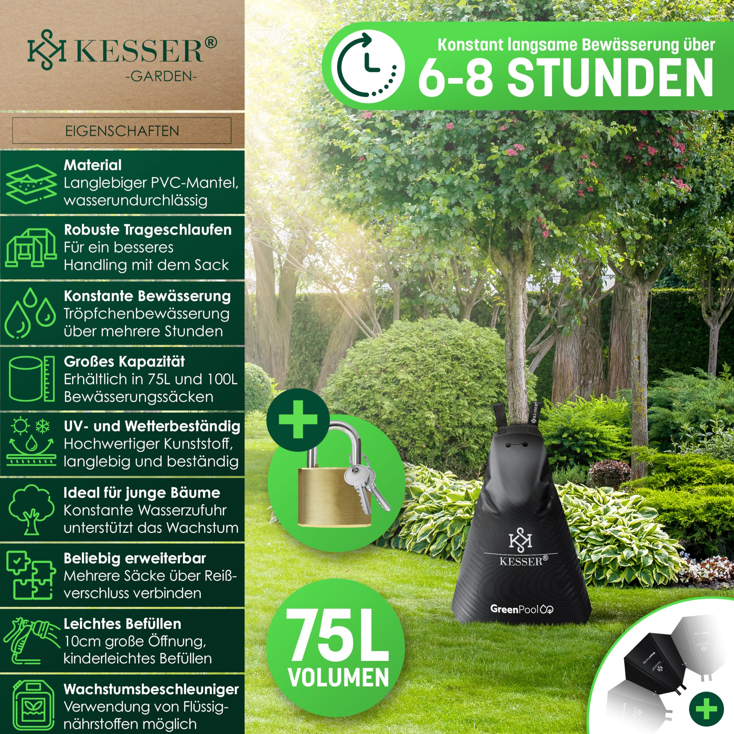 KESSER® Baum-Bewässerungssack 6er Set 75L Wassersack, Baumbewässerungsbeutel, PVC-Tasche langlebig & UV-beständig, Baumbeutel Garten Bewässerungssystem & gezielte Bewässerung von Bäumen, mit Schloss