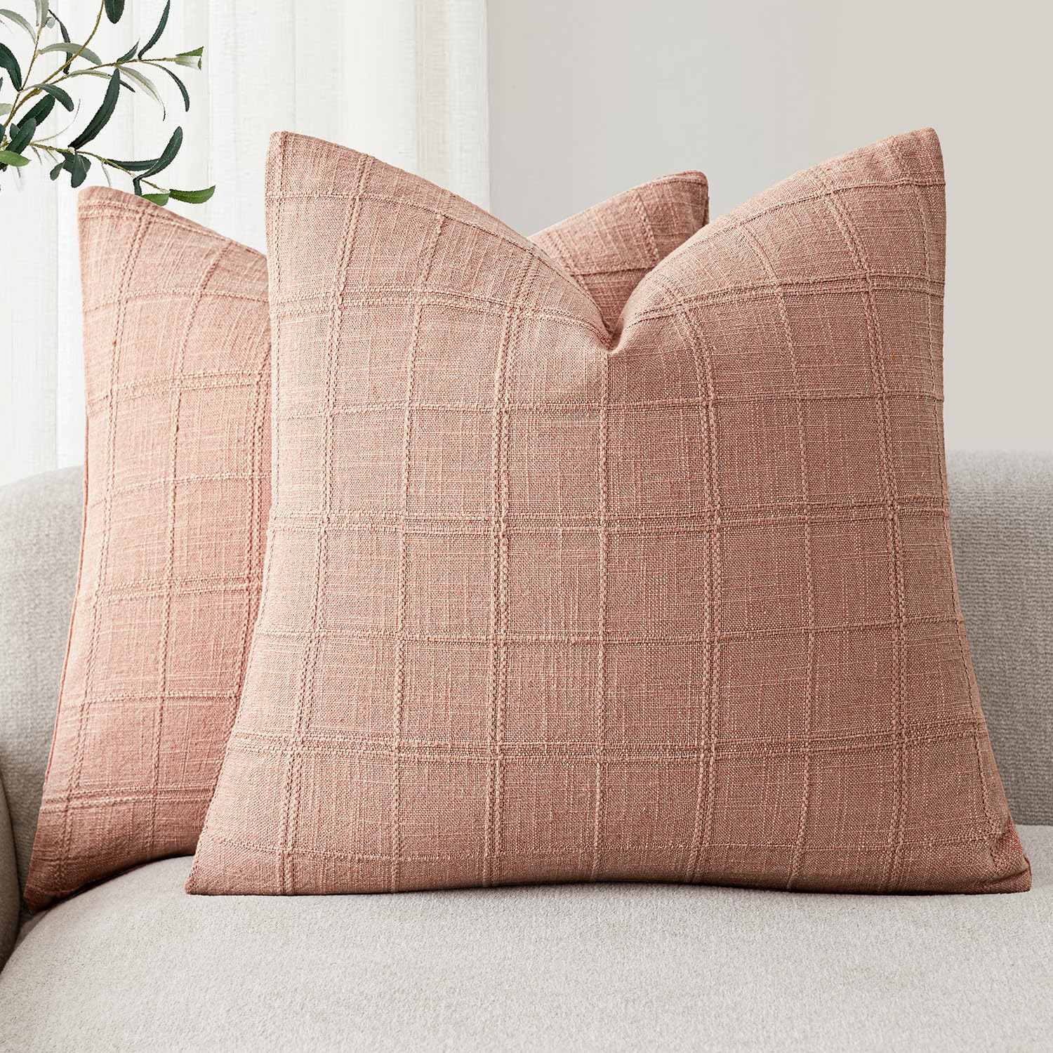 Foindtower Boho Linen Check Decorative Throw Pillow Covers 22×22 Coral Pink