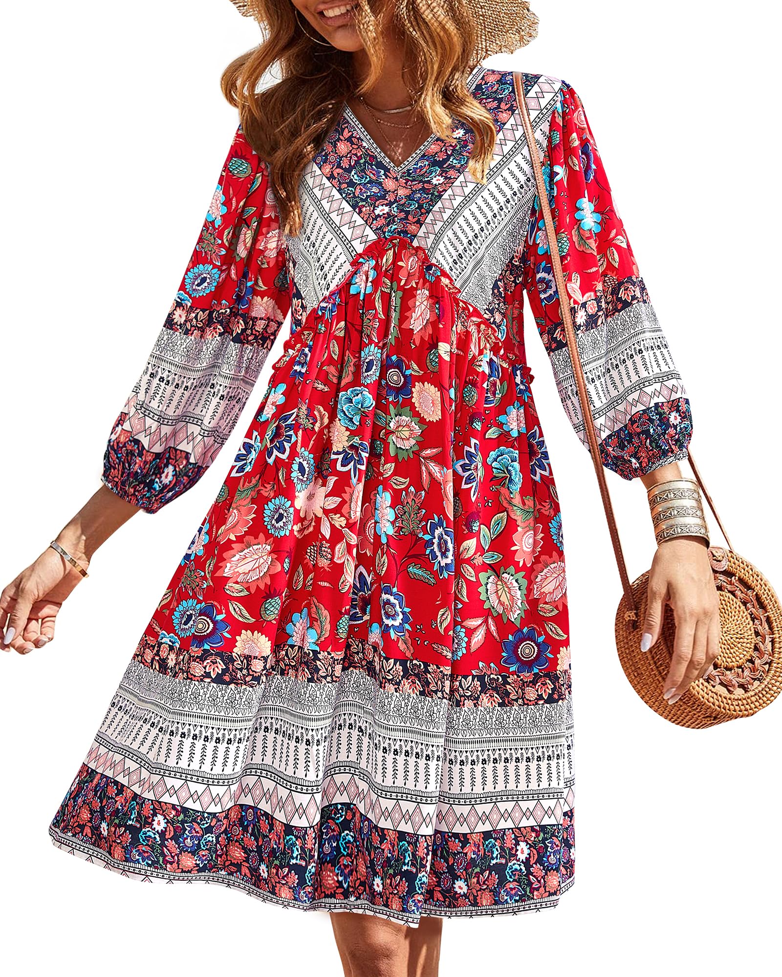 BTFBM Women Casual Spring Summer Dresses V Neck 3/4 Long Sleeve Ruffle Floral Flowy Boho Babydoll Mini Short Beach Dress