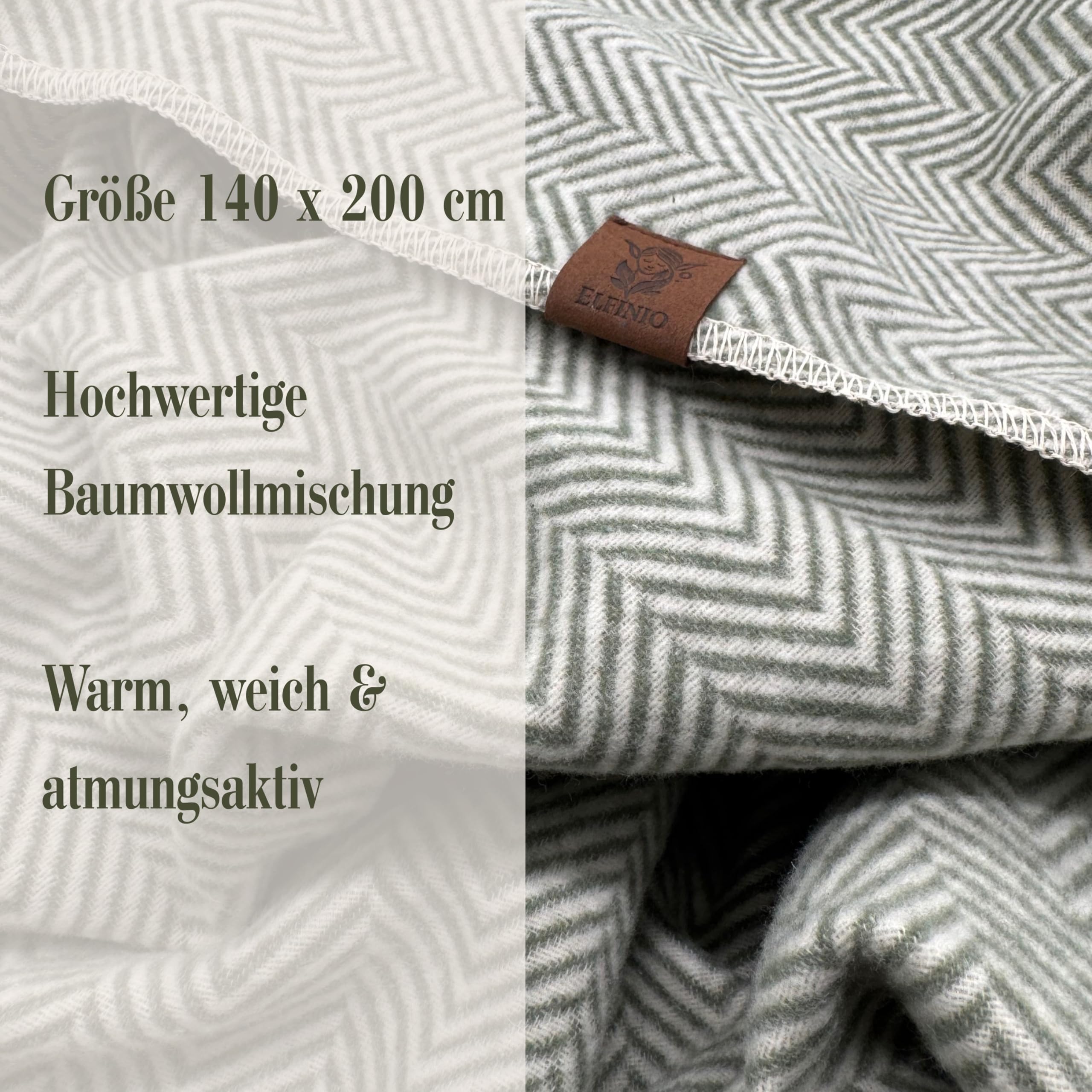 Flanelldecke Elfenweich Fischgrät-Muster (Salbeigrün/Cremeweiß) Made in Austria – weiche & warme Kuscheldecke Wohndecke aus Baumwolle für Couch Sofa Sessel – 140x200 cm