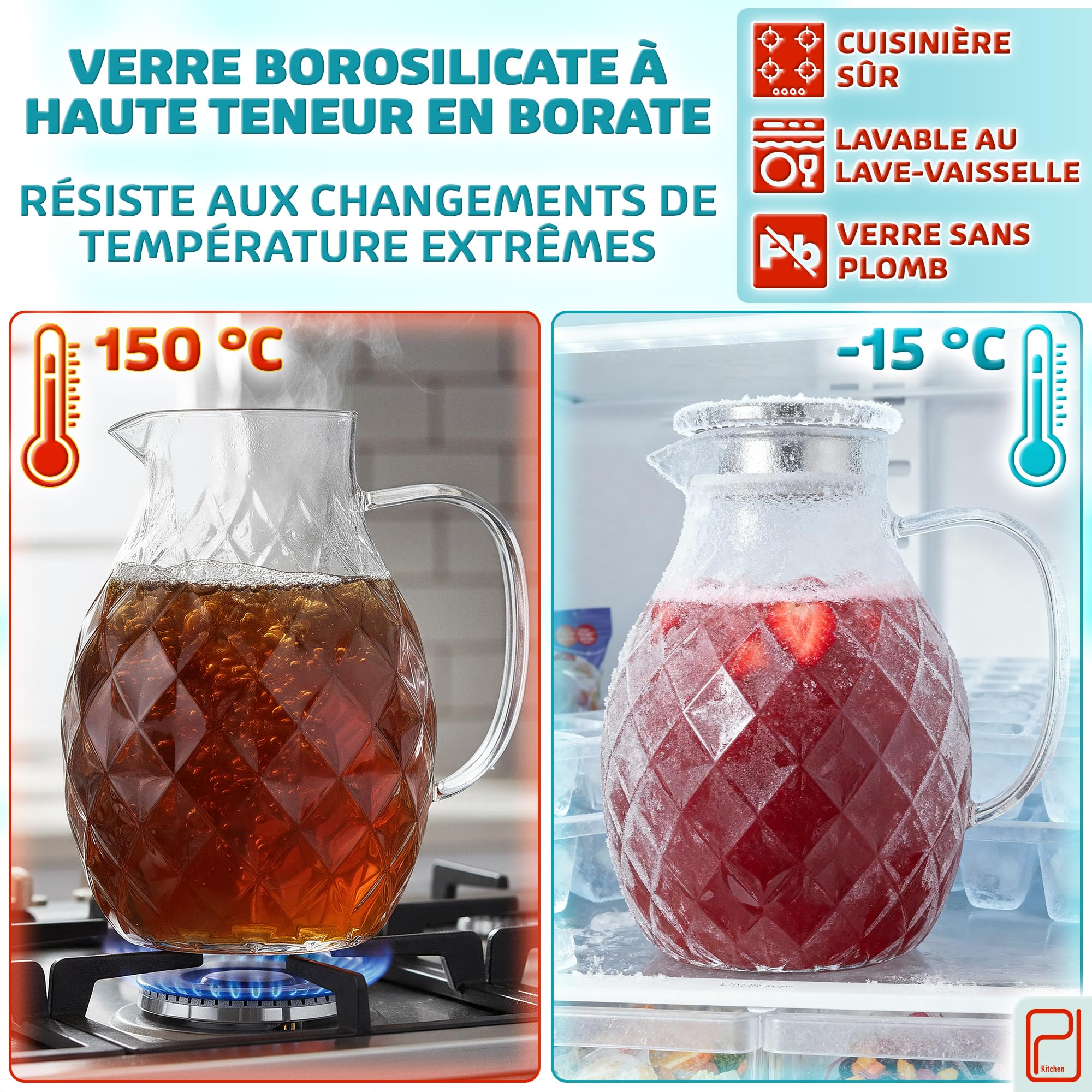 Pichet Infusion Froid Thé Pichets Verre Borosilicate Buaic 2L - Lot De 2 Avec Plateau Bambou - Résistant Chaleur - Style Vintage Carafe Avec Couvercle