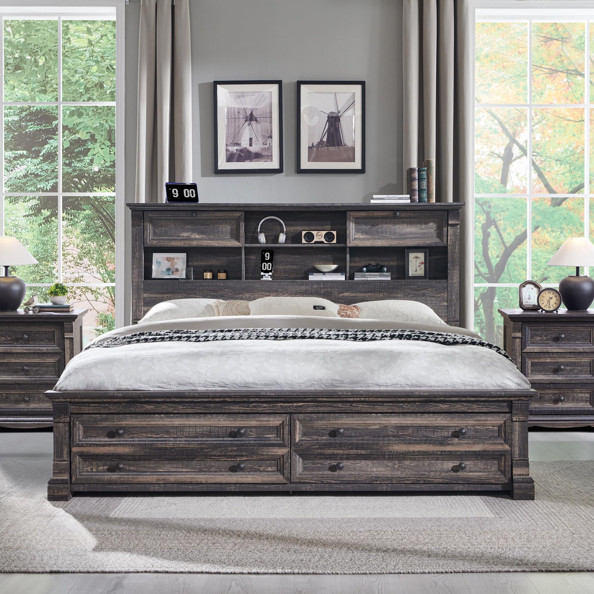 Farmhouse Queen Size Bed Frame with 54" Tall Headboard, Headboard with 4 Storage Rack, 2 Drawers, 18" Roman Column Decoration Footboard, Wood Platform