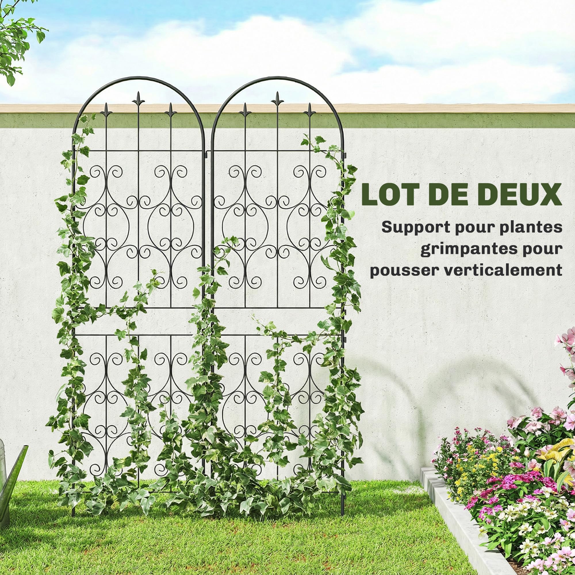 Outsunny Lot de 2 Supports pour Plantes Grimpantes Motif Volute 50x180cm | Treillis de Jardin en Métal, pour Légumes, Vignes, Fleurs, Noir