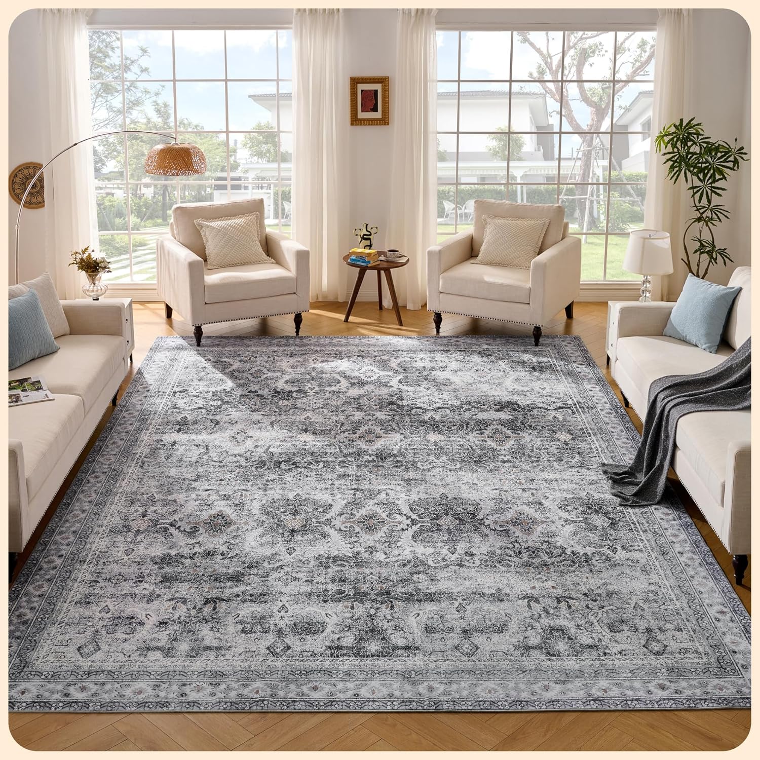 Istana Living Room Rug 10x14 - Grey 10 x 14 Area Rug - Foldable Machine Washable Area Rugs 10x14 - Stylish 10x14 Area Rugs Boho - Stain Resistant Washable Rug 10x14 14' x 10' (Rectangular) Grey / Light Cream