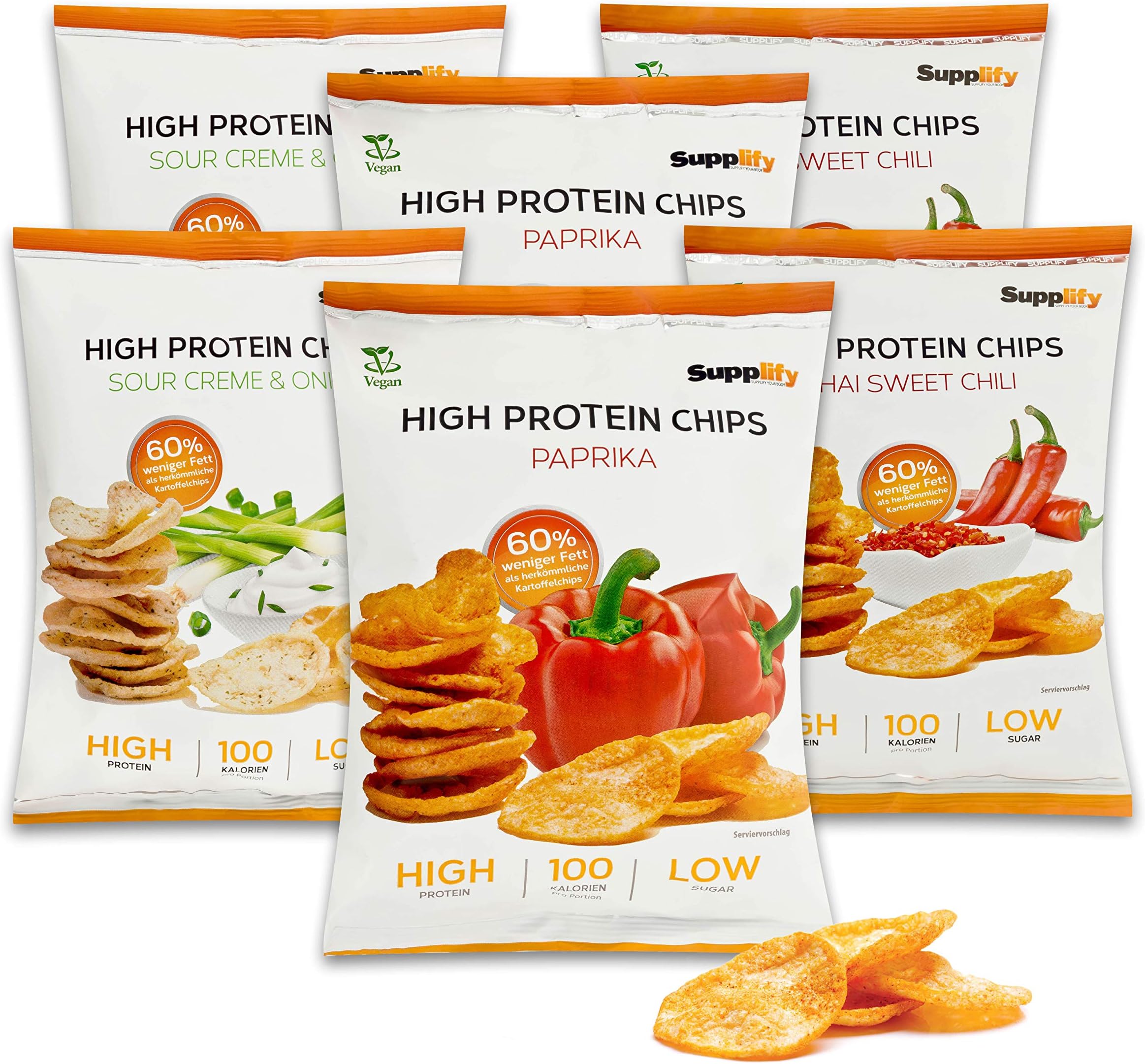 Protein Snack Variety Box Low Sugar Chips & 60% Less fats - Protein Bar Alternative 6X 50g Mix-Box (2X Each Flavour, Paprika, Thai Sweet Chili, Sour Cream & Onion)