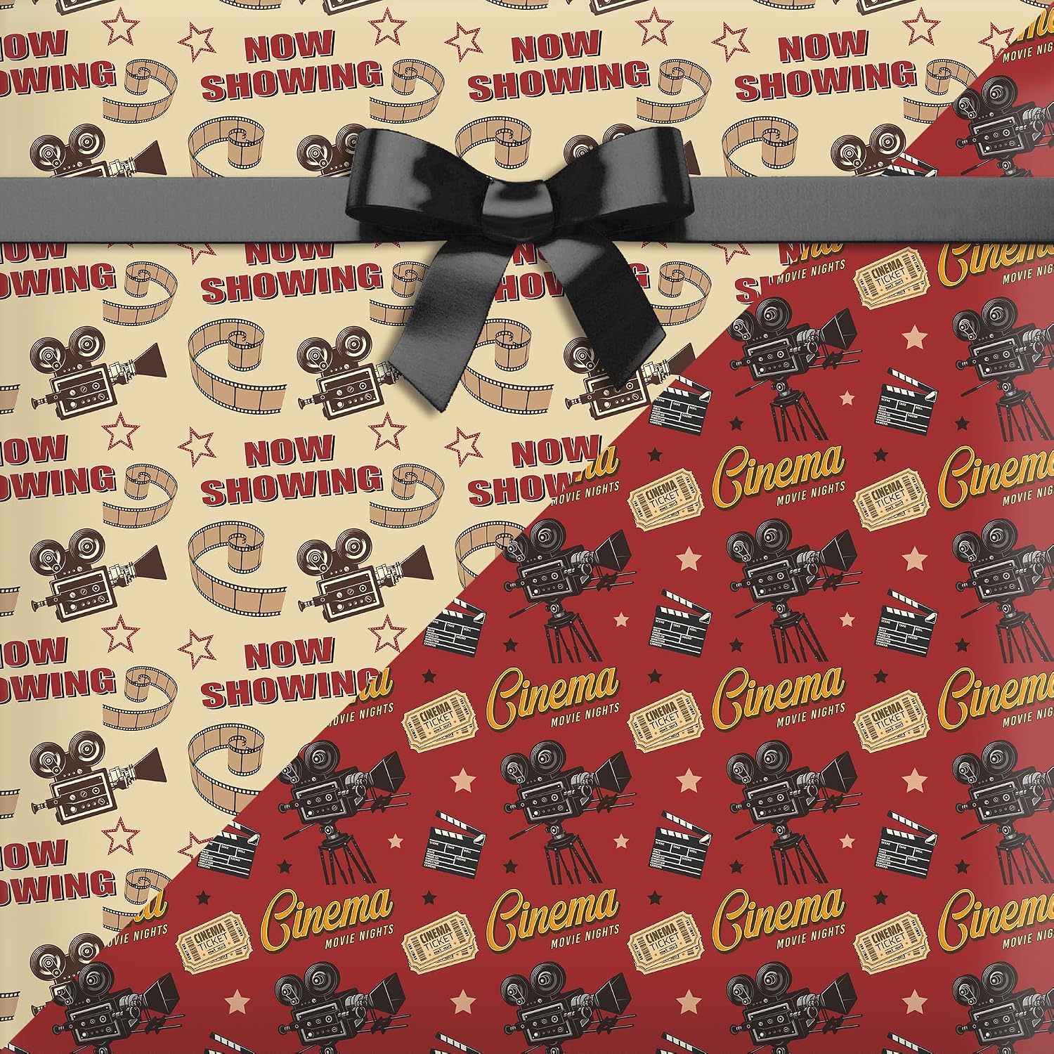 Unique Vintage Movie Night Gift Wrap Set Cinema Wrapping Papers Set of 6 Sheets in 6 Designs, NOW SHOWING, CINEMA, Classic Film Reel, Theater Ticket Patterns Gift Wrap for Birthday, Movie Lover, PartyPresent image 4