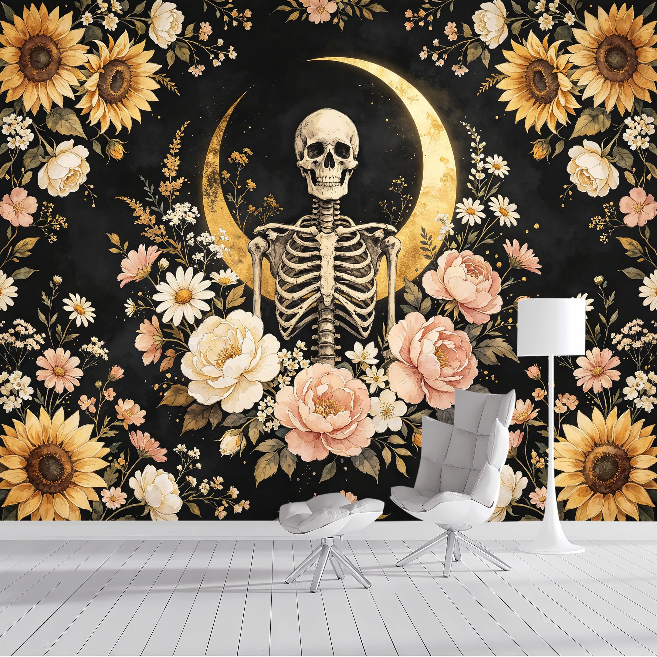 Custom Size Wall Mural Skeleton Moon Floral Botanical Watercolor Art SelfAdhesive Wall Fabric Removable Peel and Stick Wallpaper Wall Decor for Living Room Bedroom Bathroom
