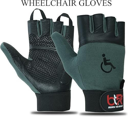 Miniatura 2 de BTR BORN TO RACE Guantes de silla de ruedas para hombres y mujeres  Guantes de entrenamiento  Palma de cuero de pulgar largo sin dedos
