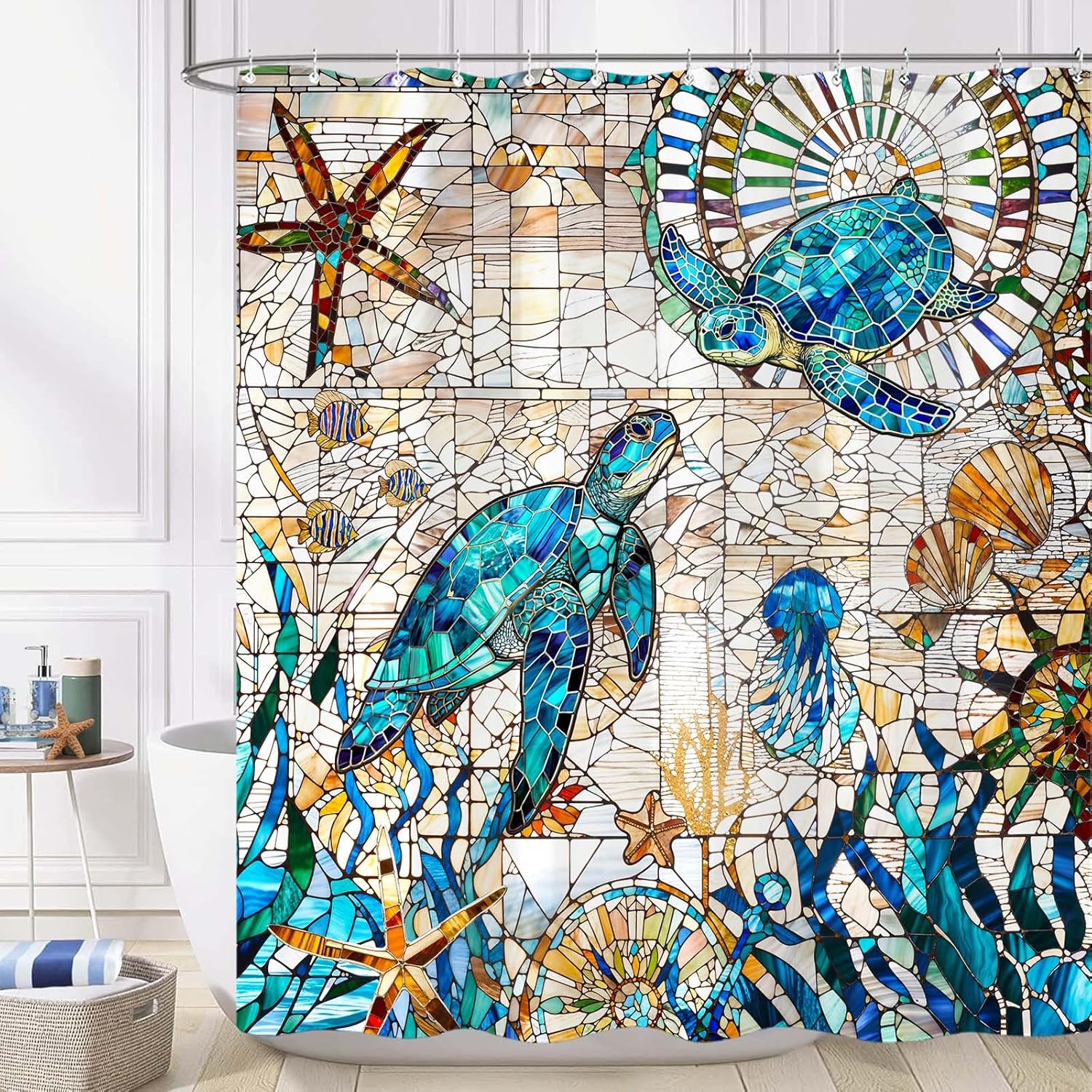 Turtle Shower Curtain Stained Glass Shower Curtain Blue Shower Curtains for Bathroom Ocean Shower Curtain Set with 12 Hooks SeaTurtles-03 72×72 Inches