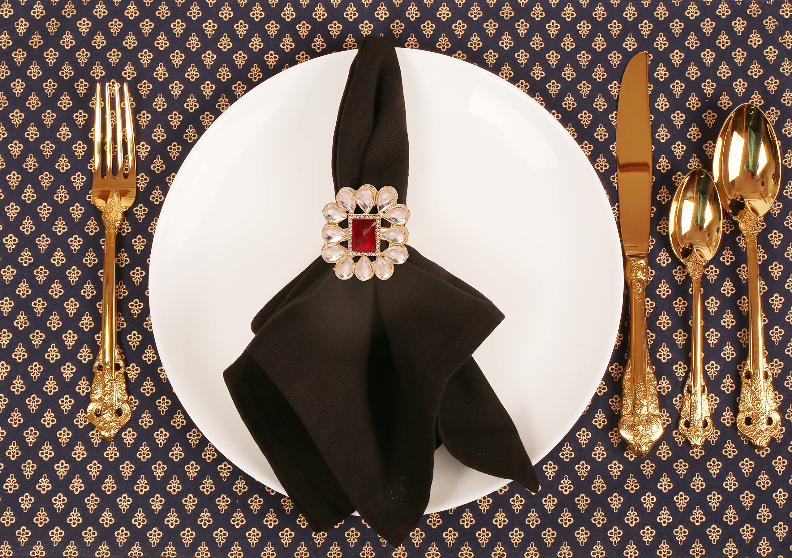 Lot de 12 magnifiques ronds de serviette faits à la main - Motif floral - Strass de couleur dorée - Pour fête, table à manger
