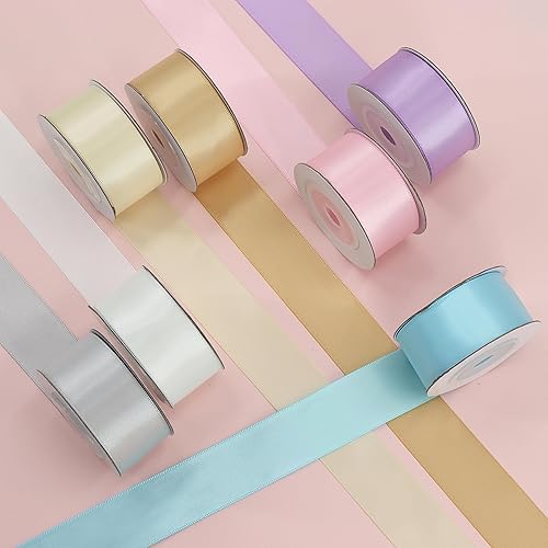 Miniatura 4 de Surtido de cintas de satén de 7 colores en total de 35 yardas, 1 pulgada de ancho, 5 yardasrollo, suave color claro, cinta de tela de doble cara,