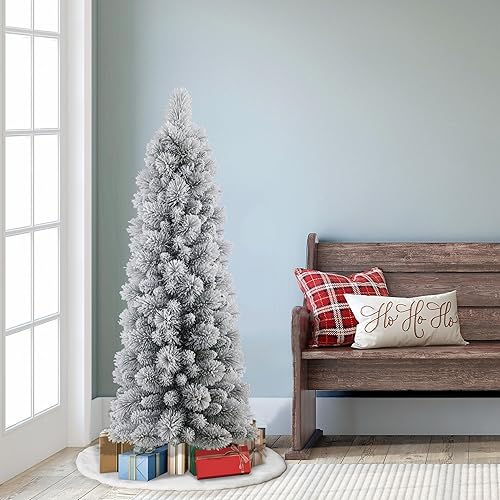 Miniatura 4 de Puleo International Árbol de Navidad artificial de lápiz flocado de 4.5 pies con soporte, verde, (TFP8305-45)
