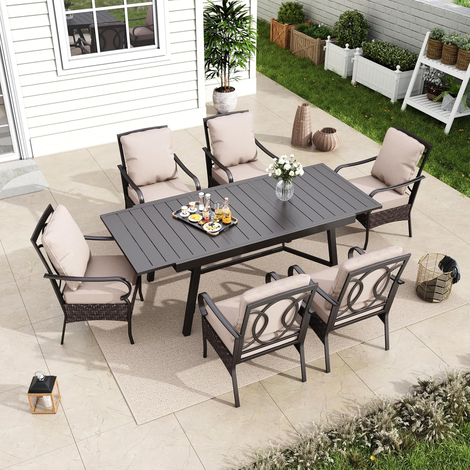 MFSTUDIO Outdoor Patio Dining Set for 6, Expandable Patio Table and Chairs Set of 6, Rectangular Metal Dining Table with Chairs, 7 Pieces Heavy Duty Outdoor Dining Furniture Set