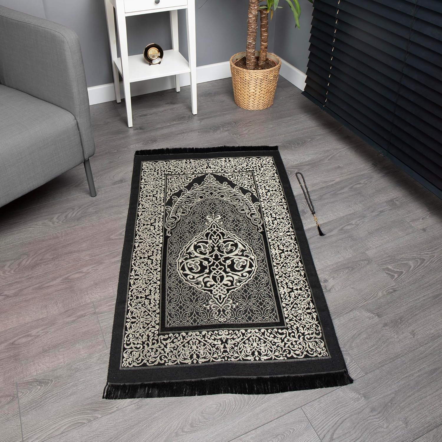 Modefa Islamic Gifts Prayer Mat | Thin Woven Praying Mat Muslim Prayer Rug | Muslim Gifts for Men Ramadan Gifts with Tesbih Prayer Beads | Ottoman Rug with Cylinder Gift Box Set (Black with Box)