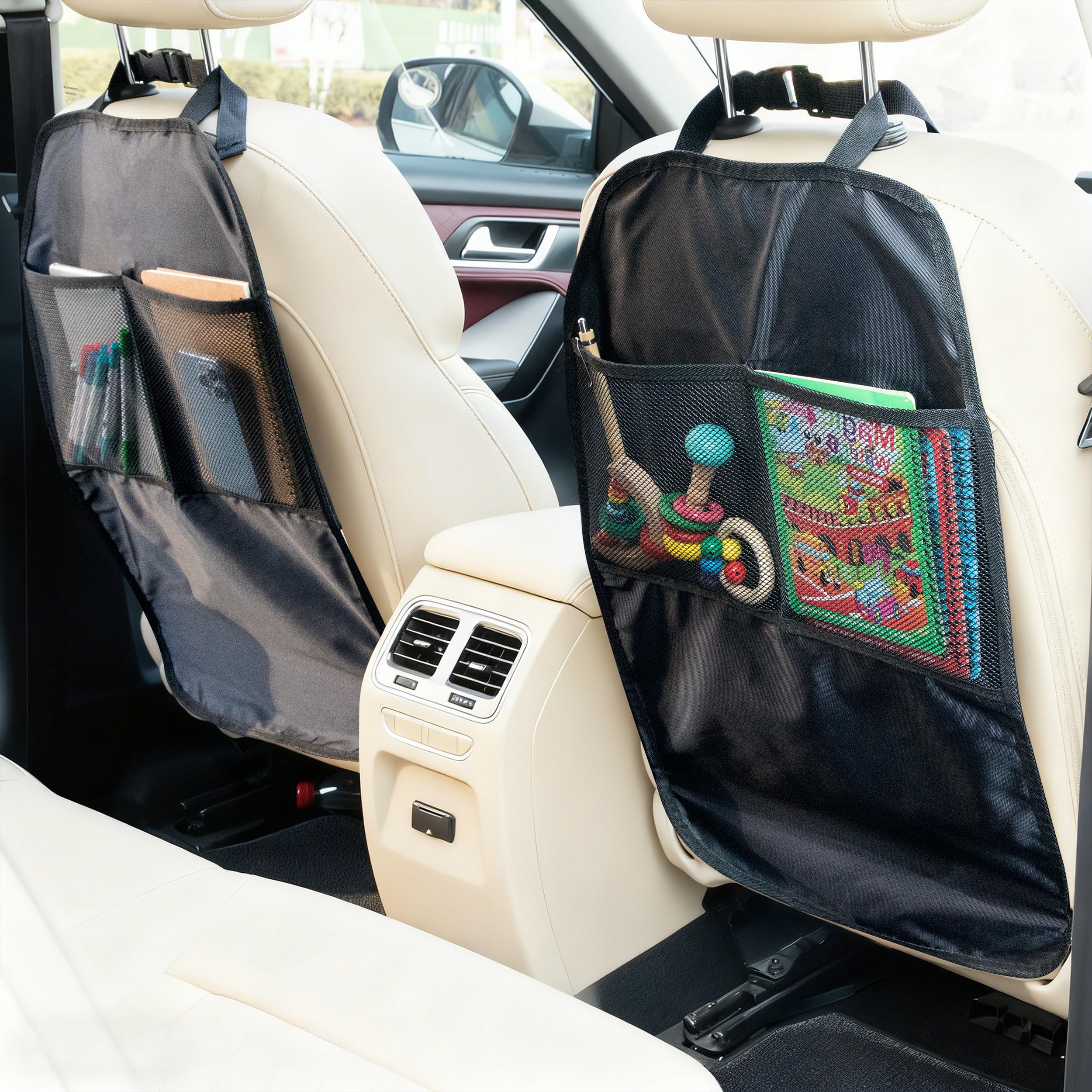 Protector de Asiento de Coche Organizador Asiento Coche para Niños con 2 Bolsillos de Malla Protector 2 Piezas Negro para Respaldos