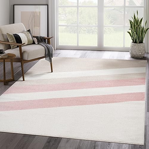 Abani Alfombra contemporánea marfil y beige de 8 pies x 10 pies (7'9"x10'2"), líneas diagonales rosas y rayas clásicas inspiradas en el diseño de
