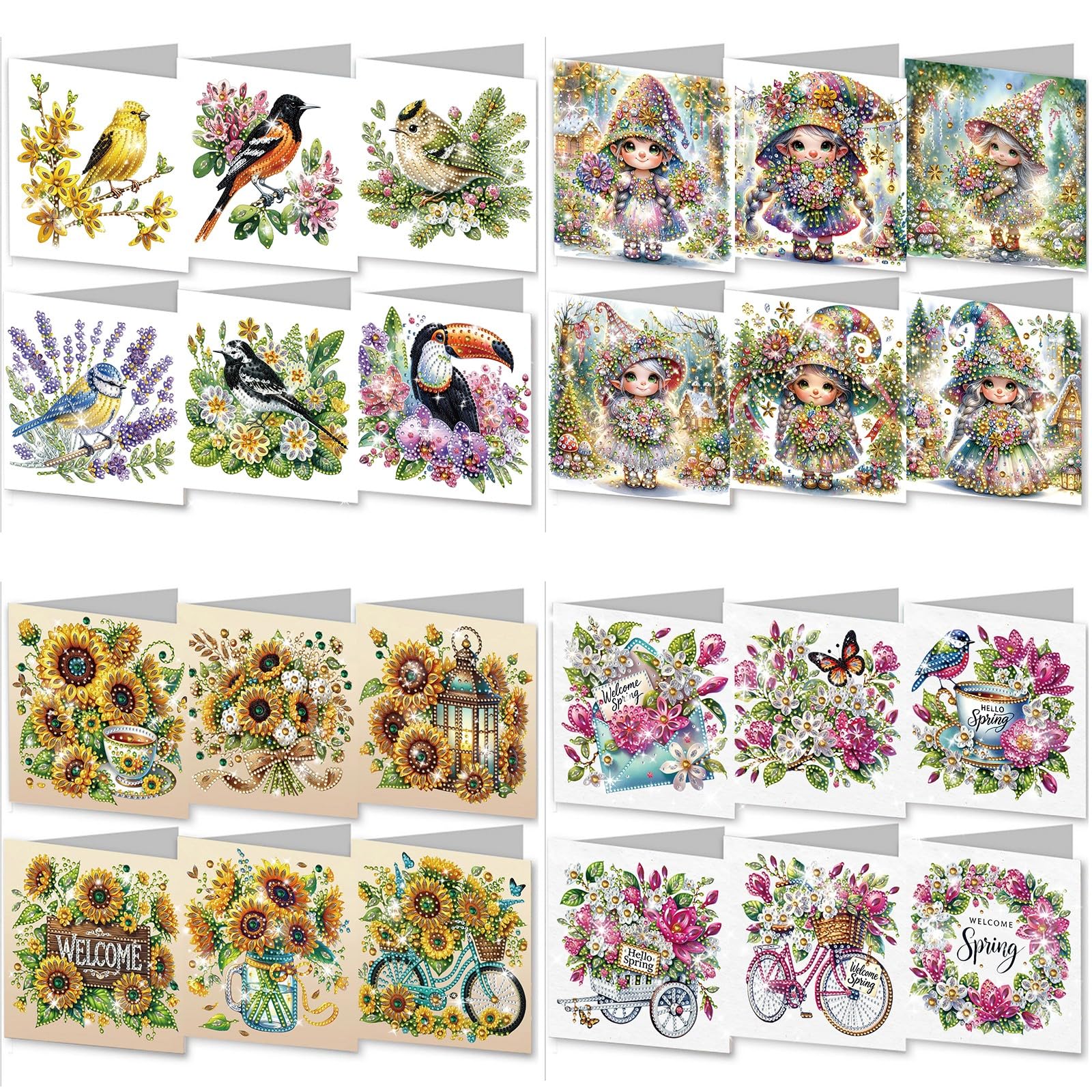 24 biglietti di auguri pieghevoli fai da te con pittura a diamante, design creativo, biglietti di ringraziamento pieghevoli per la benedizione primaverile, set di biglietti di auguri con buste